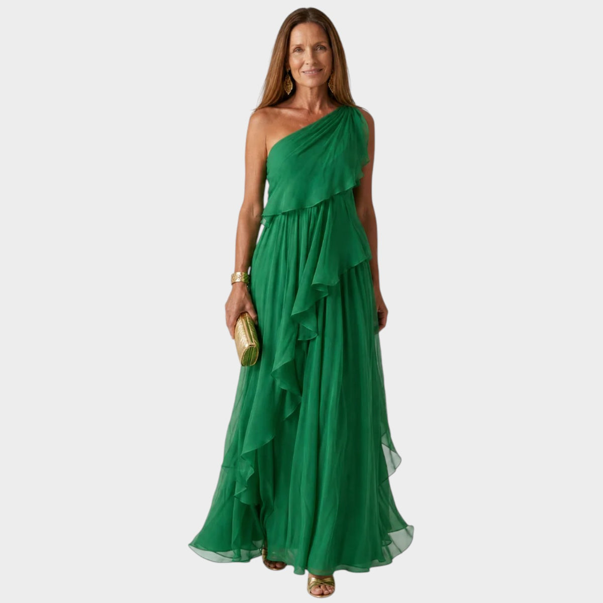 Women’s One-Shoulder Maxi Dress with Cascading Ruffles and Defined Waist