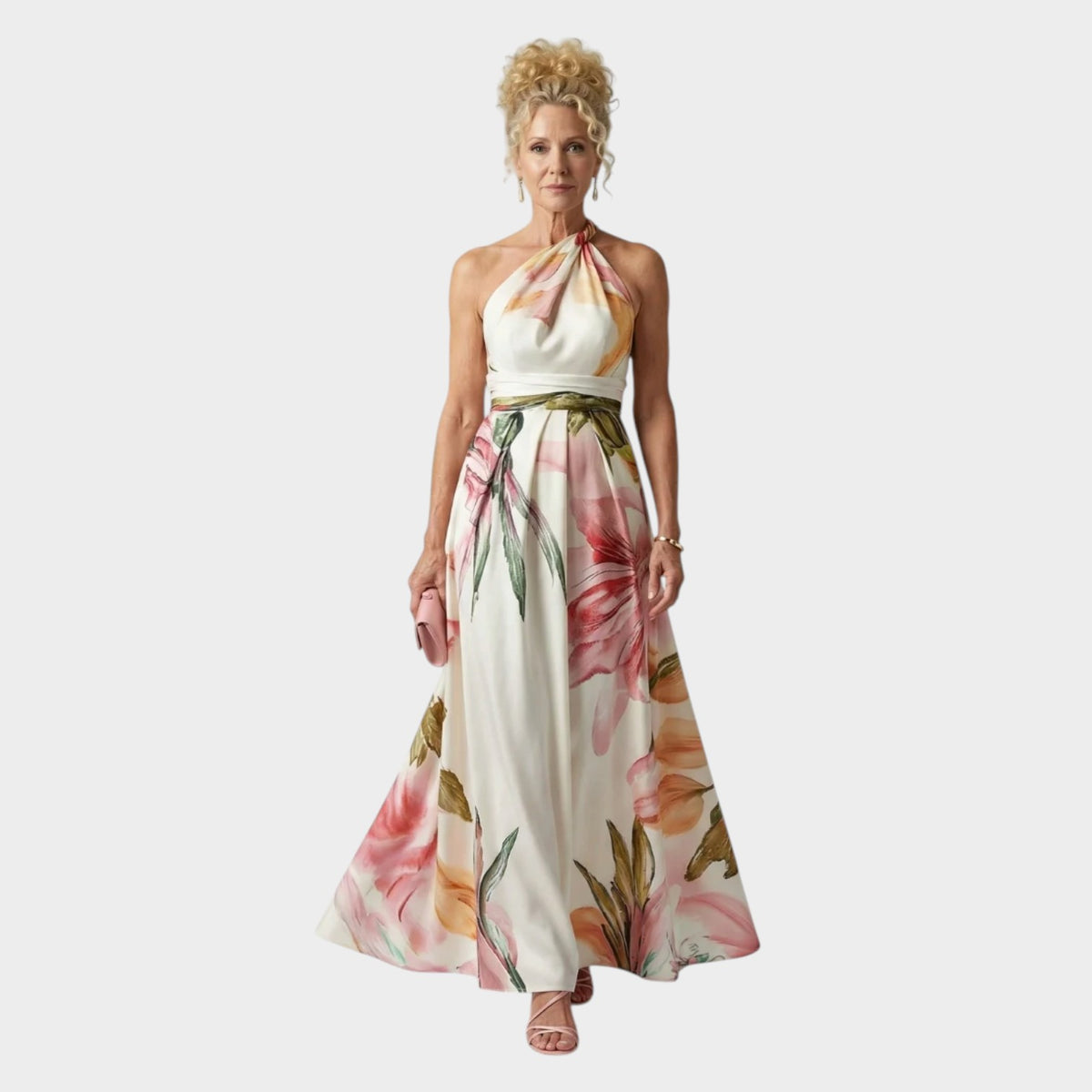 Women’s Floral Maxi Dress with Halter Neckline and Defined Waist