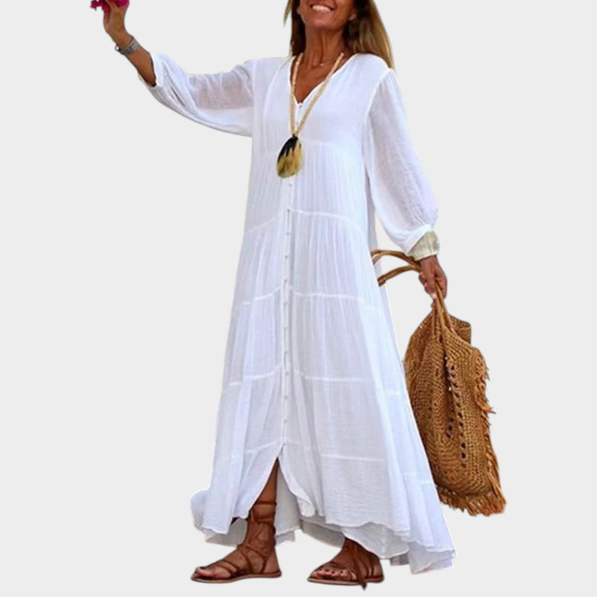 Women’s Boho Maxi Dress with V-Neck, Long Sleeves and Tiered Skirt