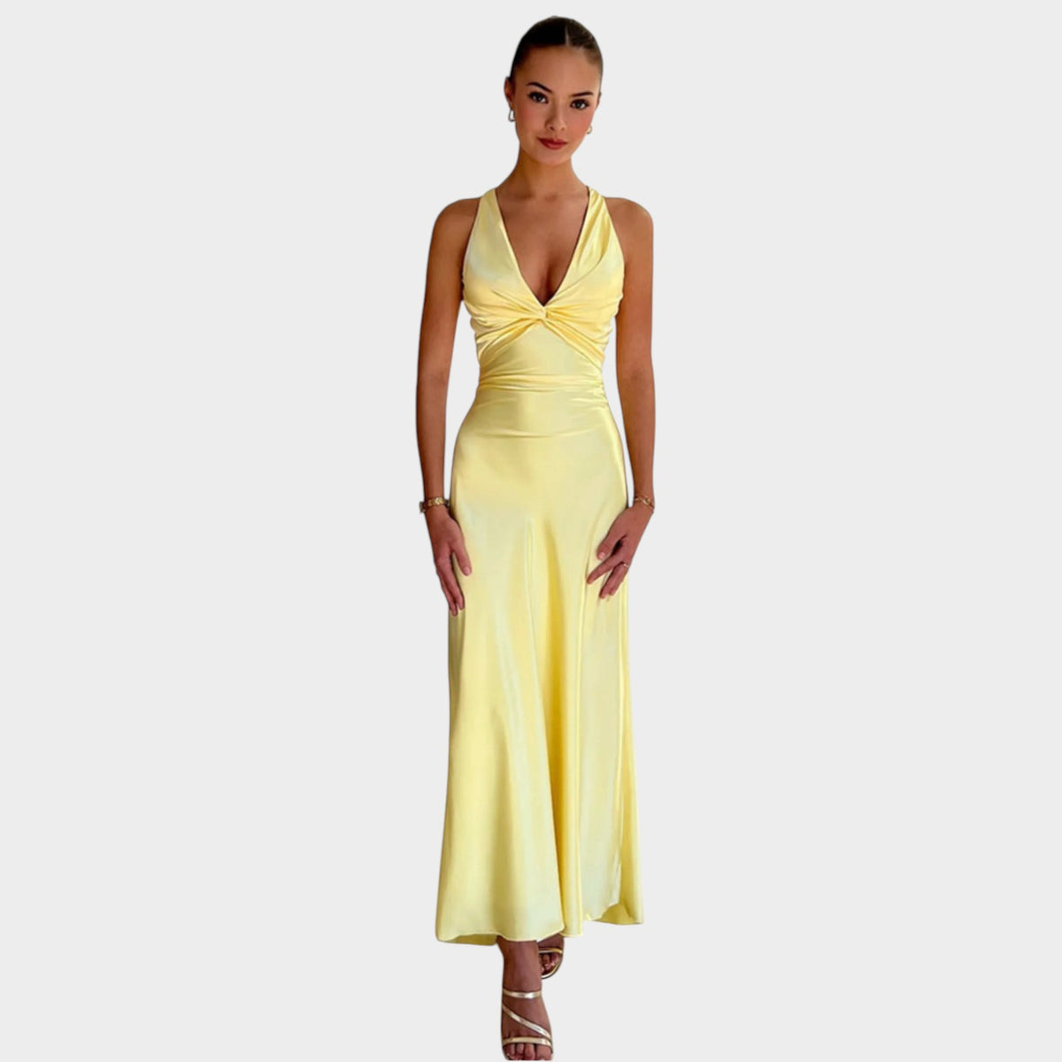 Women’s Satin Maxi Dress with Twisted Front and Open Back