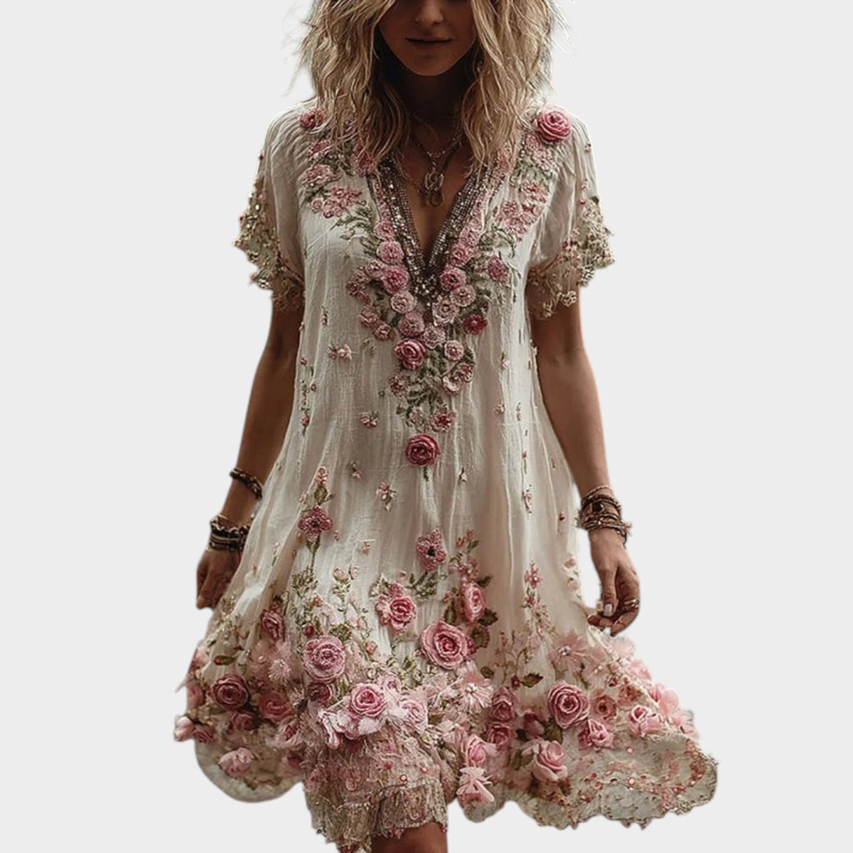 Women’s Floral Embroidered V-Neck Midi Dress with Short Sleeves