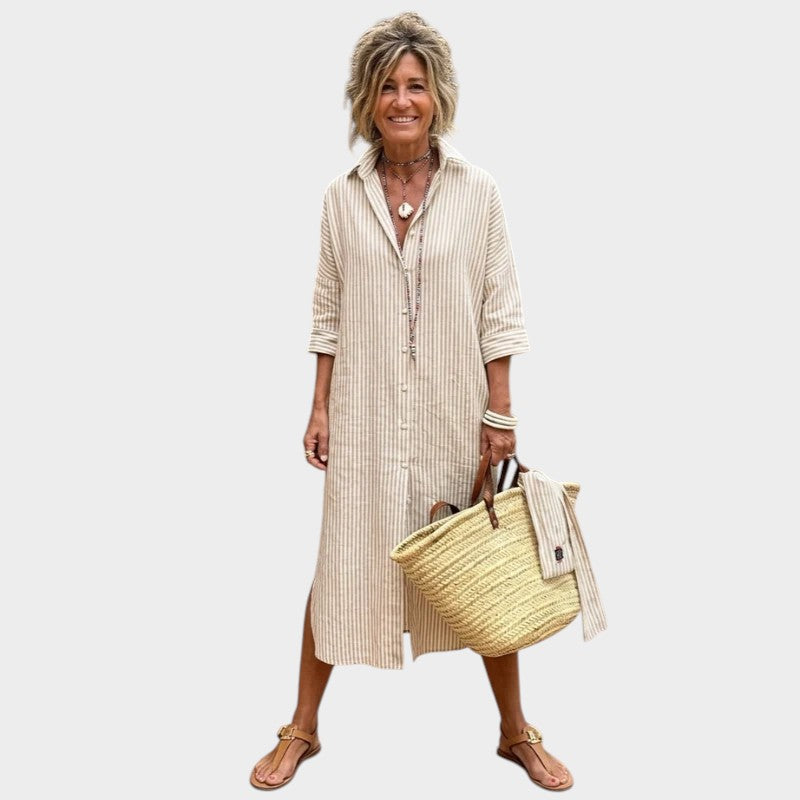 Women’s Striped Midi Shirt Dress Button Front 3/4 Sleeves