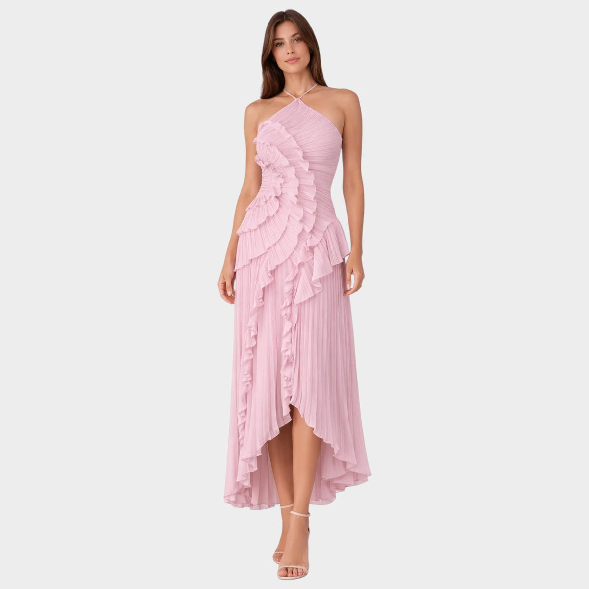 Women’s Halter Neck Midi Dress with Pleated Fabric, Cascading Ruffles and Asymmetric Hem