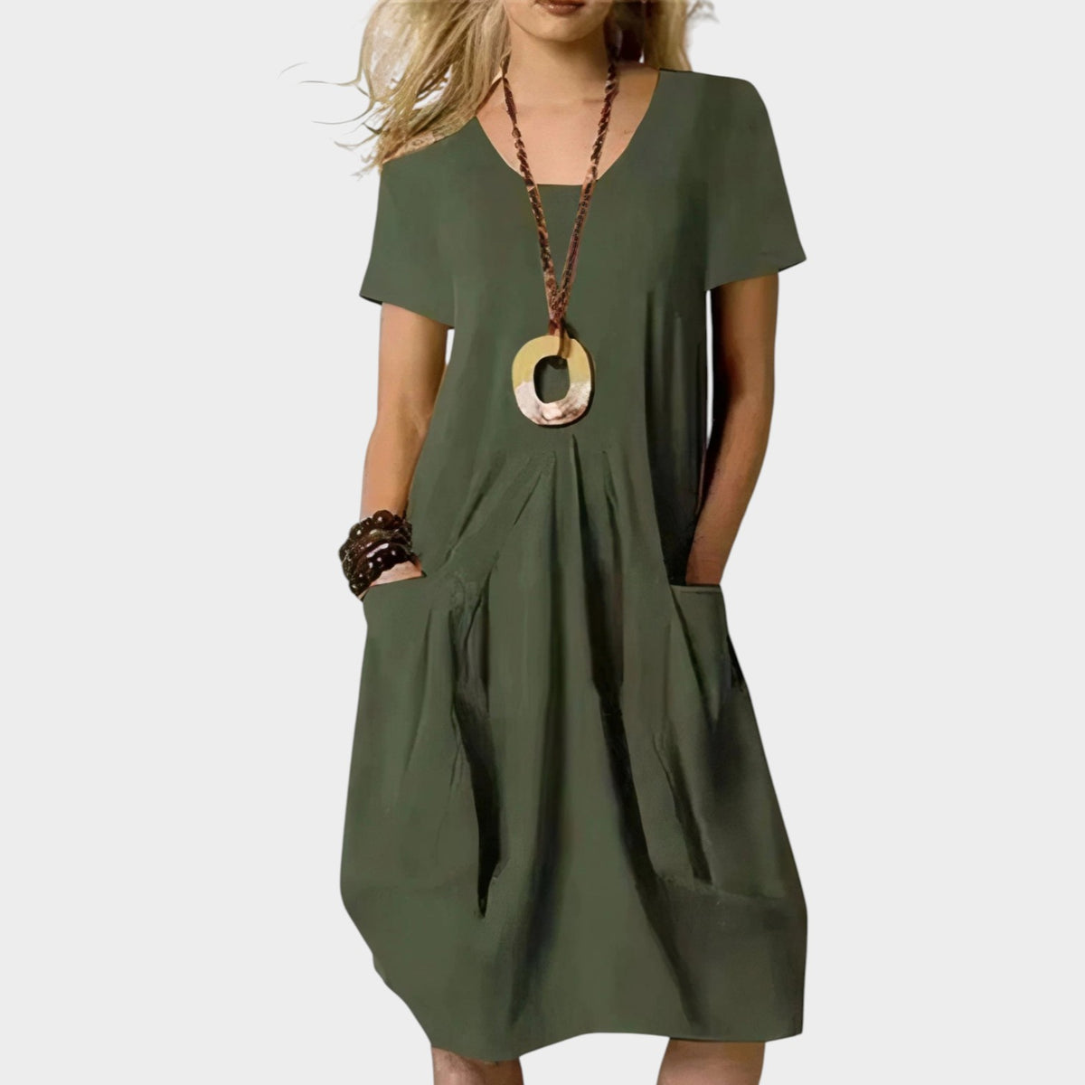 Women’s Midi Dress Short Sleeves A-Line Design Side Pockets