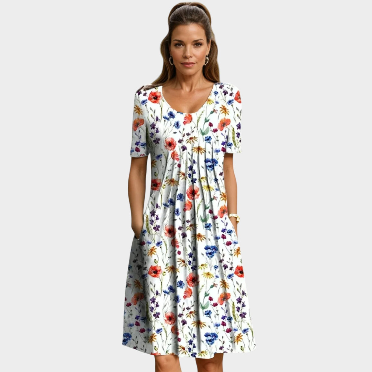 Women’s Floral Midi Dress with Round Neck and Short Sleeves