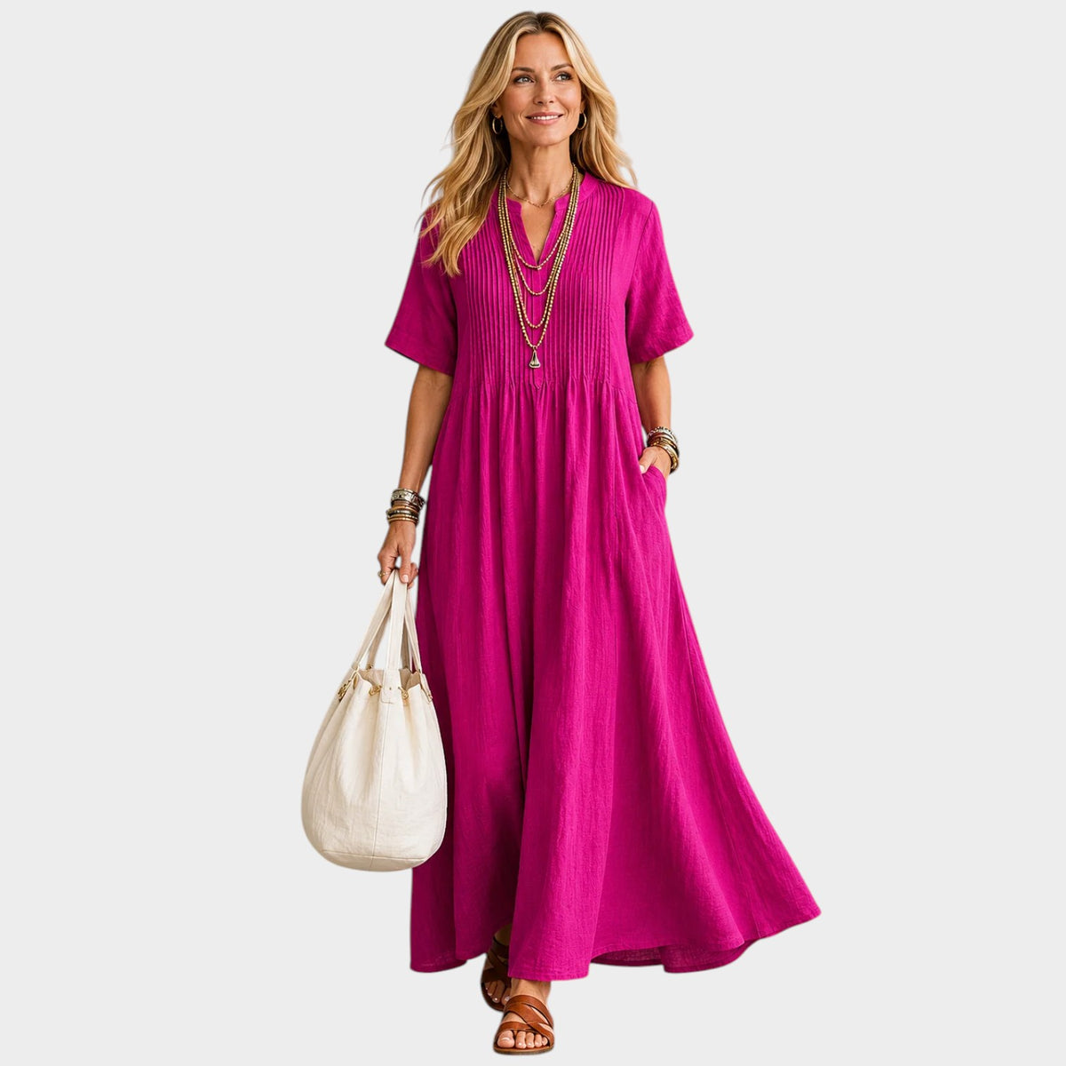 Women’s Pleated V-Neck Maxi Dress with Short Sleeves and Side Pockets