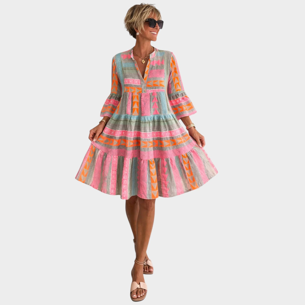 Womenās Geometric Print Mini Dress with V-Neck and Long Sleeves