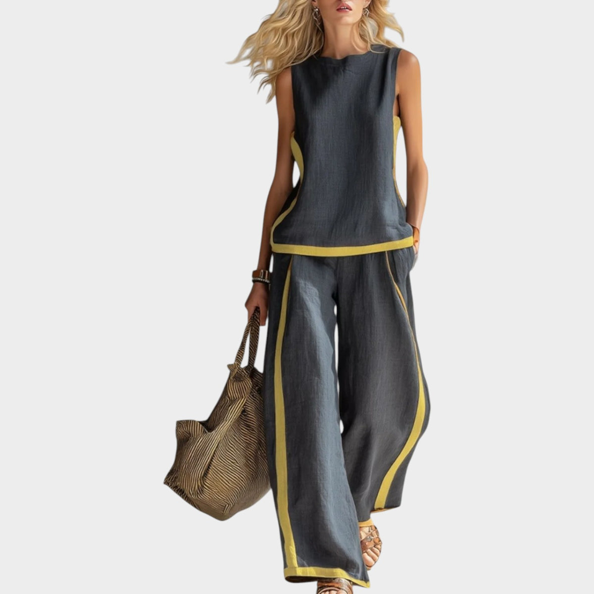Women’s Two-Piece Set Sleeveless Top Wide-Leg Trousers Contrast Trim