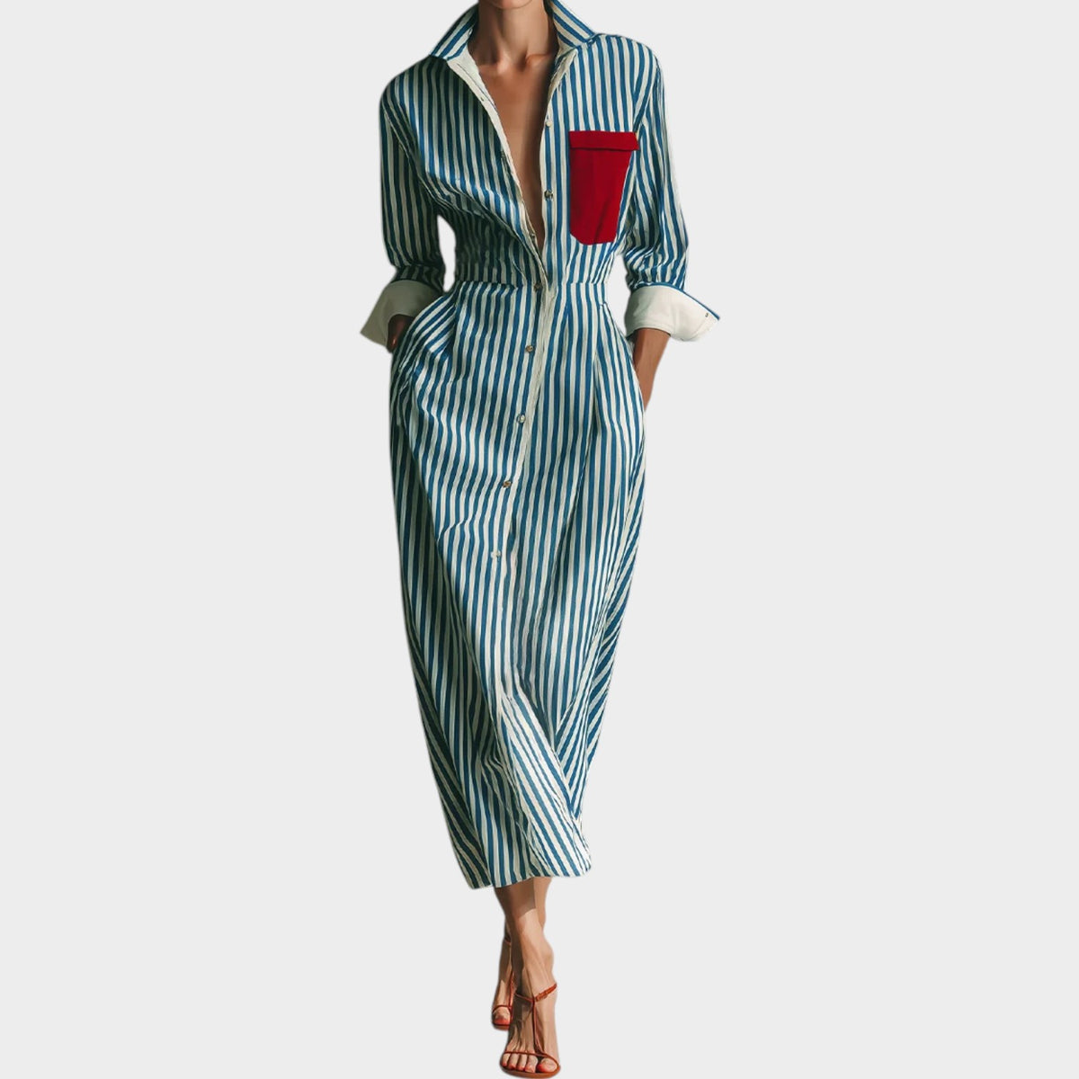 Women’s Striped Shirt Maxi Dress with Button Front and Contrast Chest Pocket