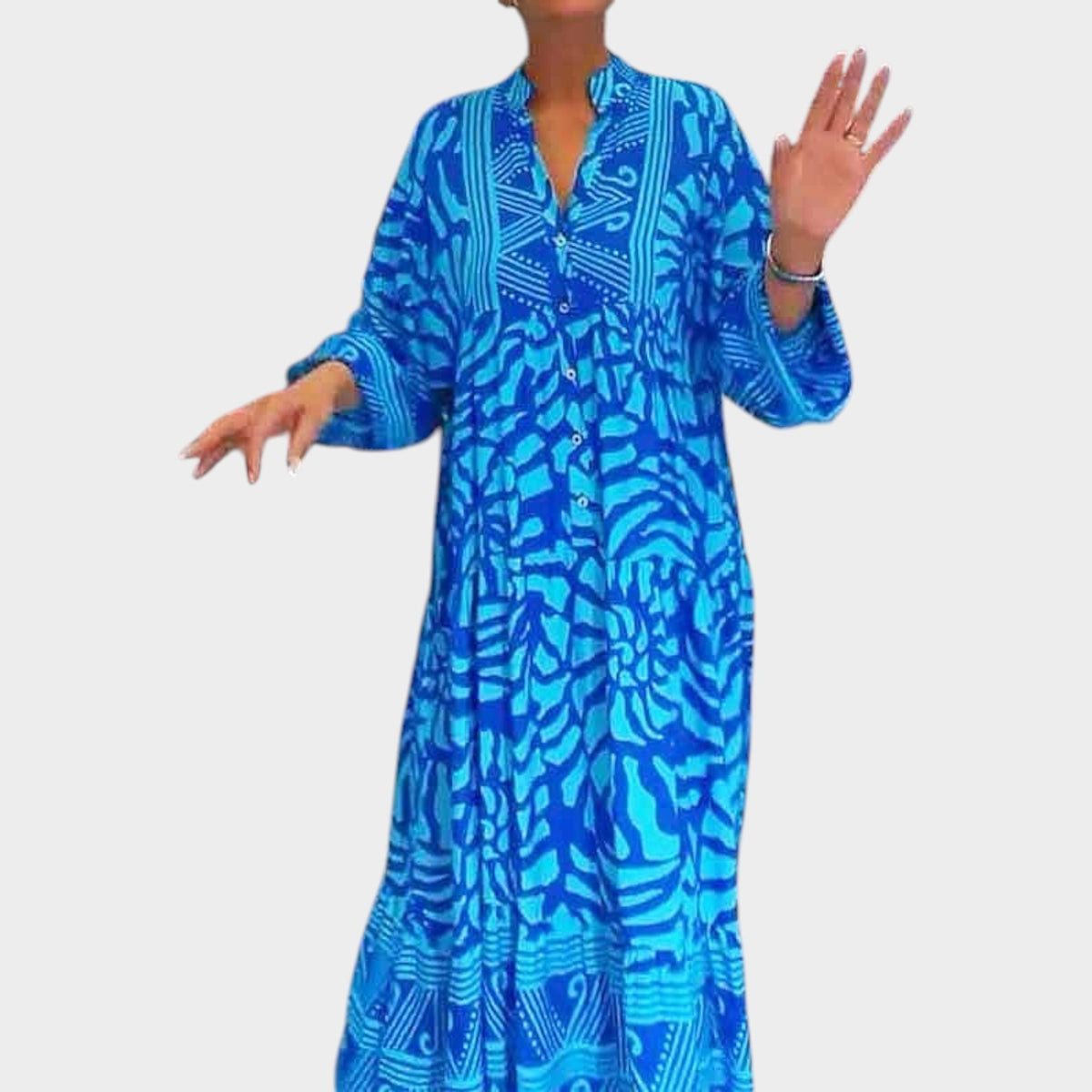 Women’s Floral Print Midi Dress with V-Neck and Long Sleeves
