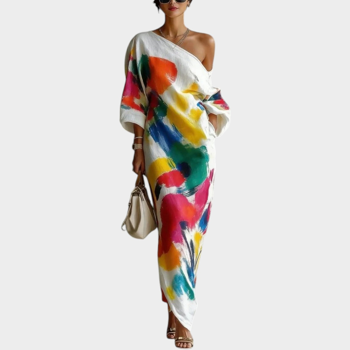 Women’s One-Shoulder Maxi Dress with Abstract Print