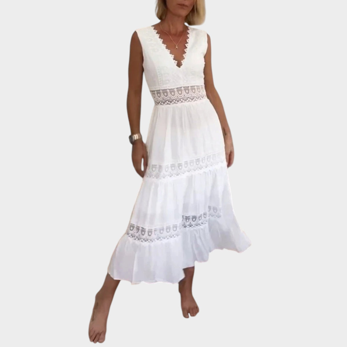 Women’s Lace V-Neck Maxi Dress with Layered Skirt and Flowing Fit