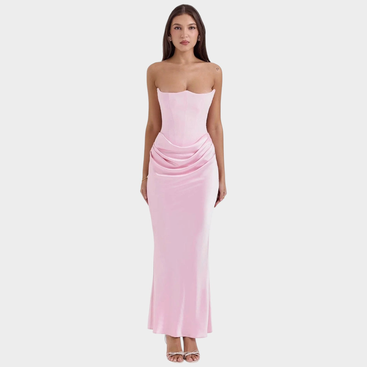 Women’s Strapless Corset Maxi Dress with Draped Waist and Fitted Silhouette