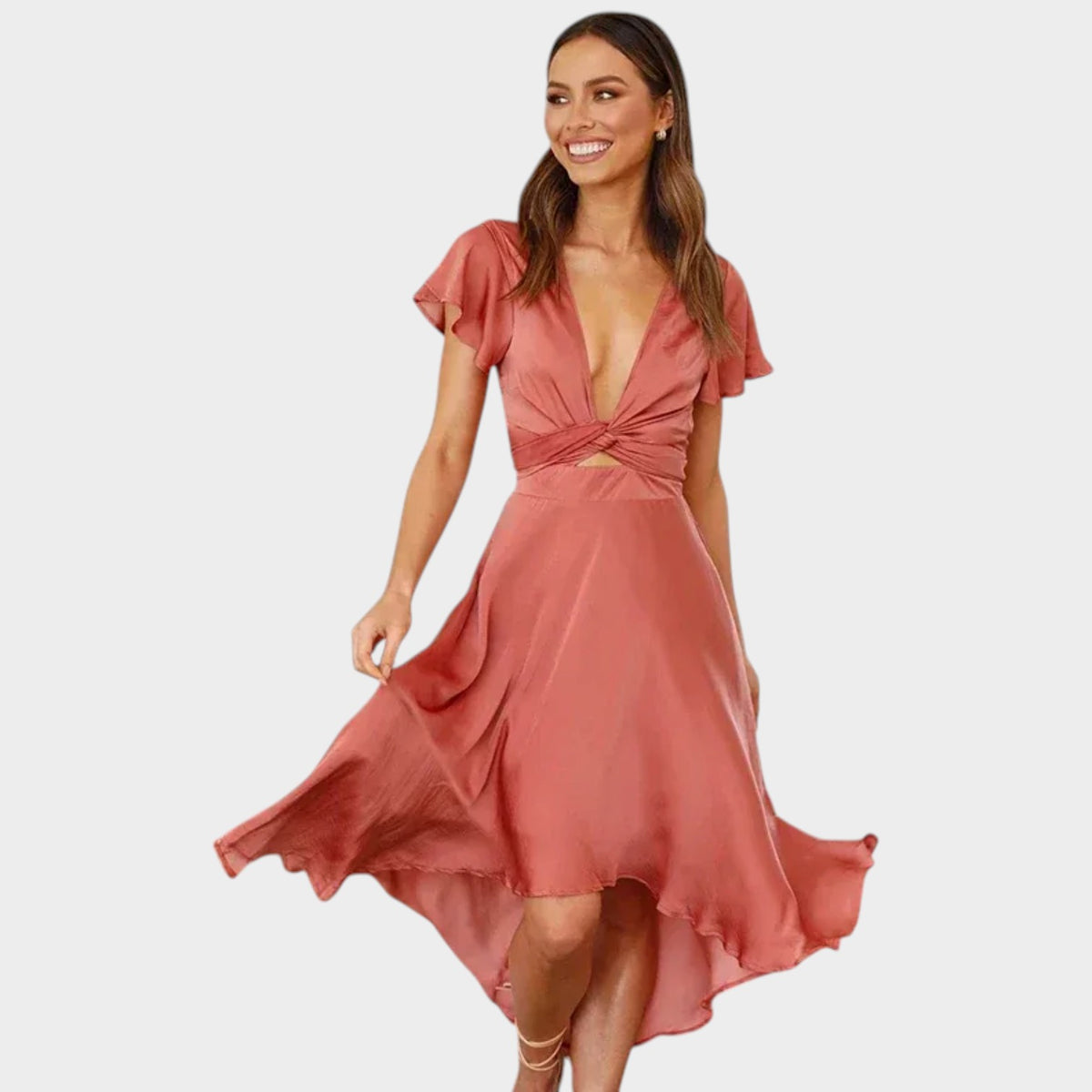 Women’s V-Neck Midi Dress with Flutter Sleeves, Front Knot and Asymmetric Hem