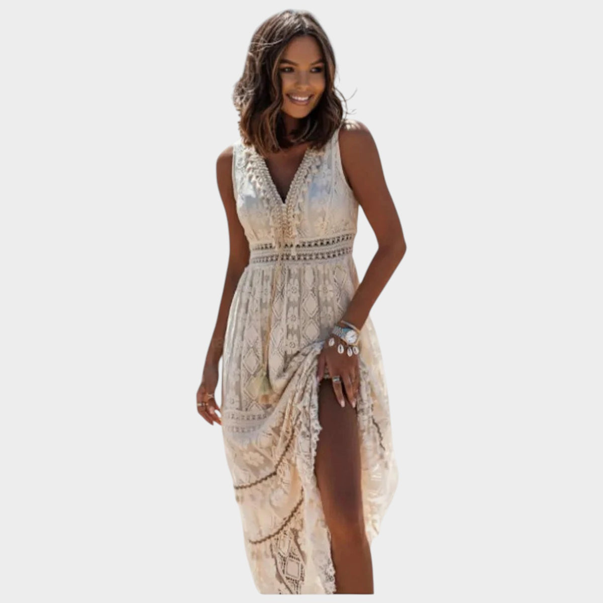 Women’s Embroidered Maxi Dress with Sleeveless V-Neck and High Side Slit