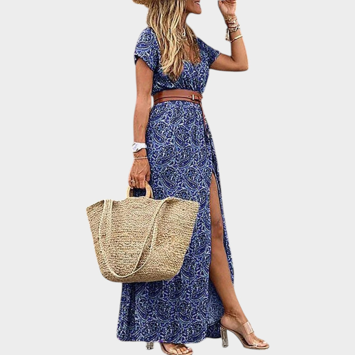 Women’s Paisley Print Maxi Dress with Short Sleeves and Side Slit