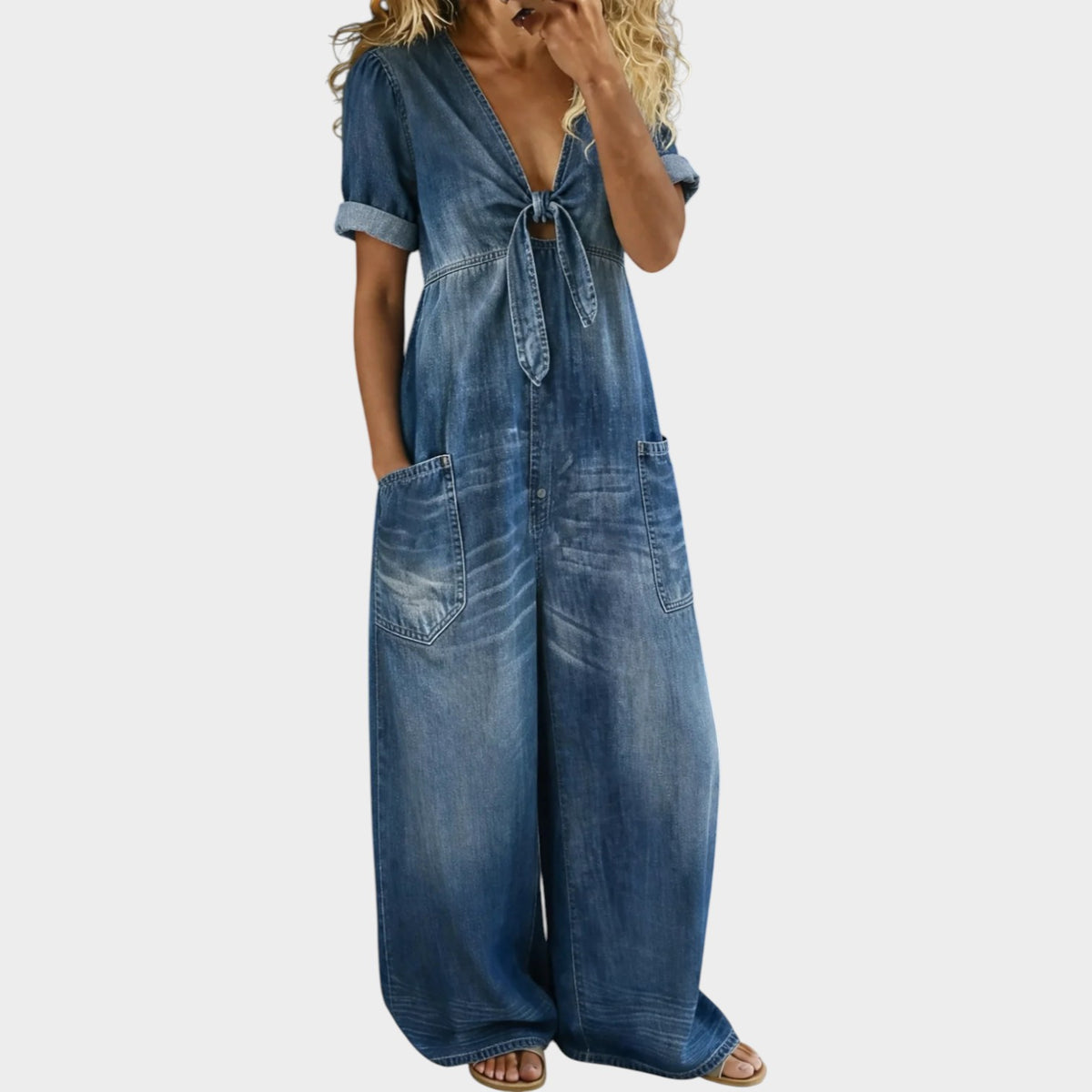 Women’s Denim V-Neck Jumpsuit with Short Sleeves and Wide Legs