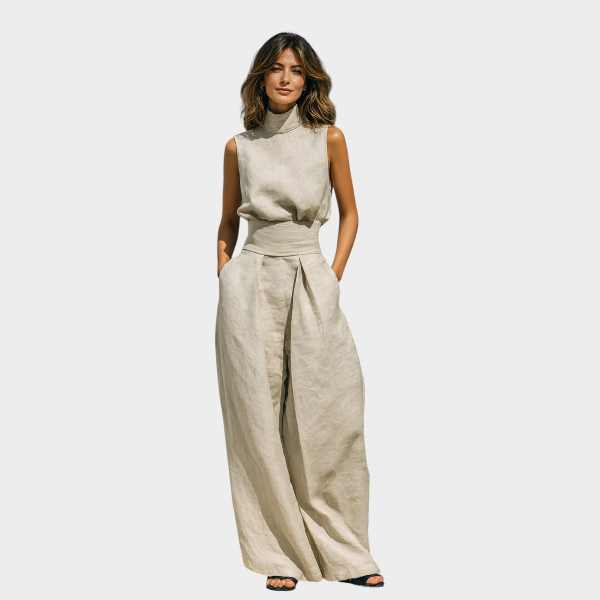 Women’s Two-Piece Linen-Cotton Set with Sleeveless Top and Wide-Leg Trousers