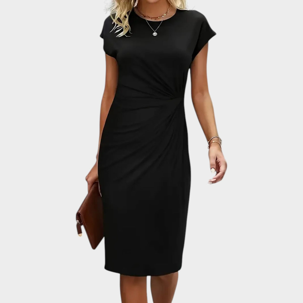 Women’s Midi Dress with Round Neck and Ruched Waist Detail