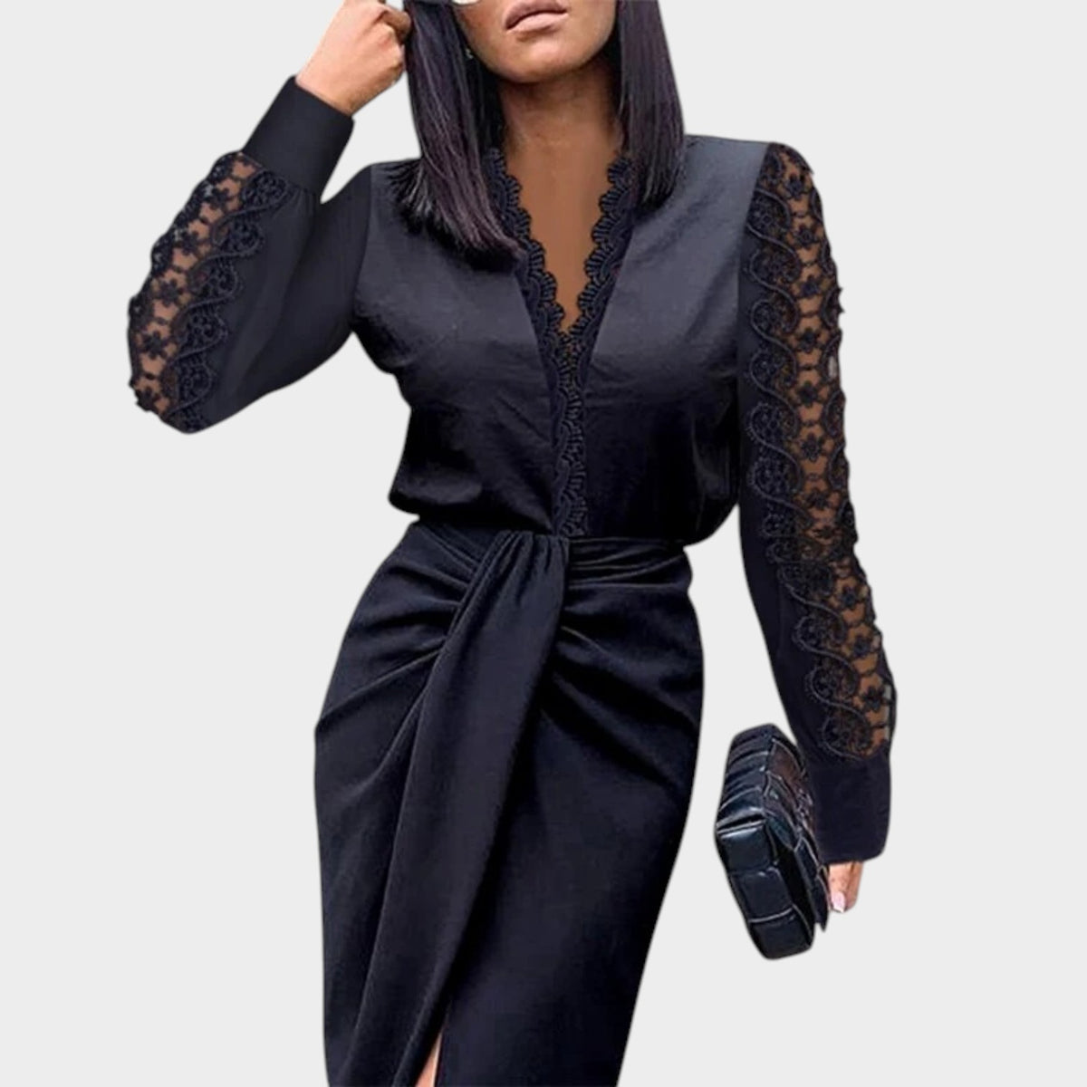 Women’s Long Sleeve Cocktail Dress with Lace Panels and Draped Waist