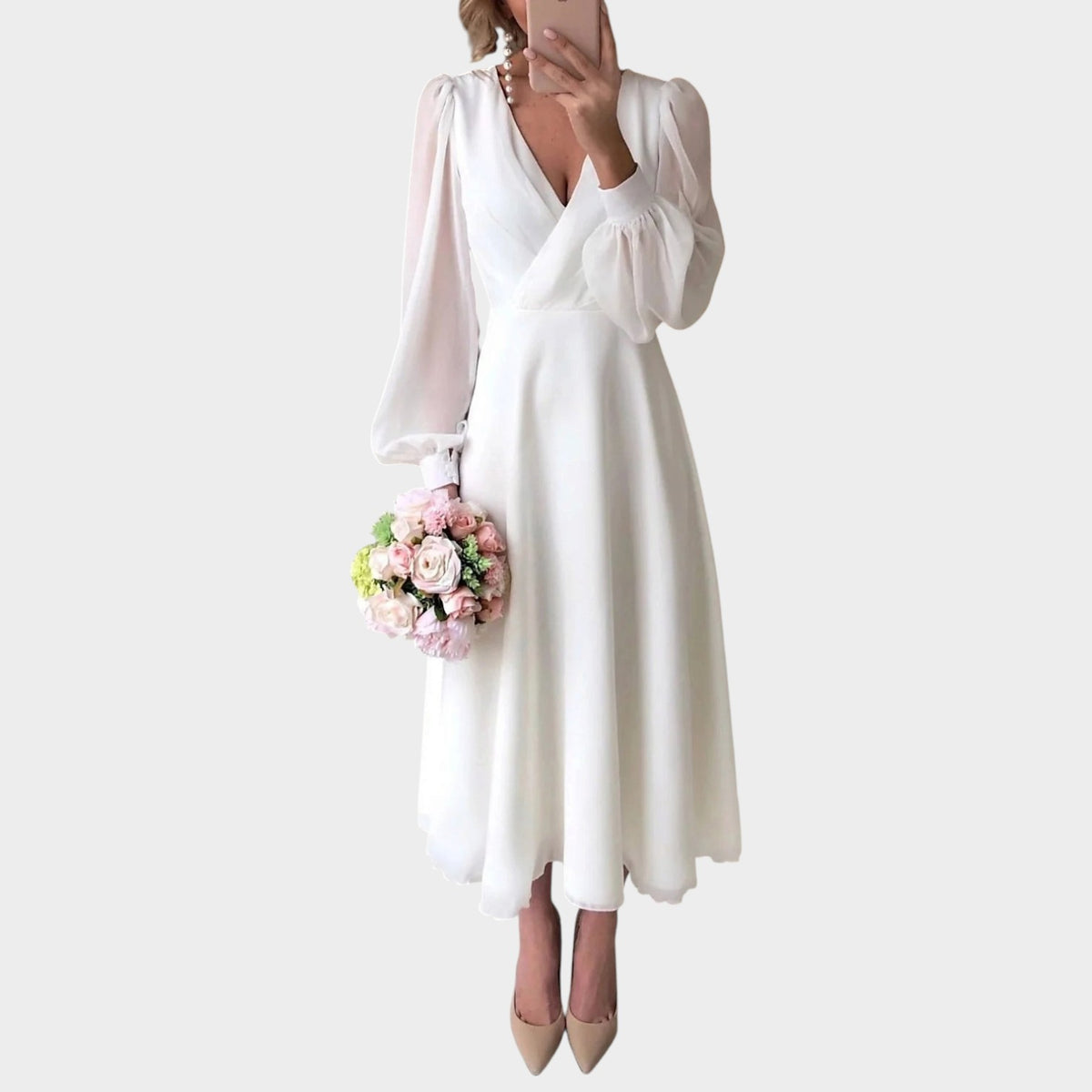 Women’s Midi Dress Wrap Front Long Puff Sleeves Defined Waist