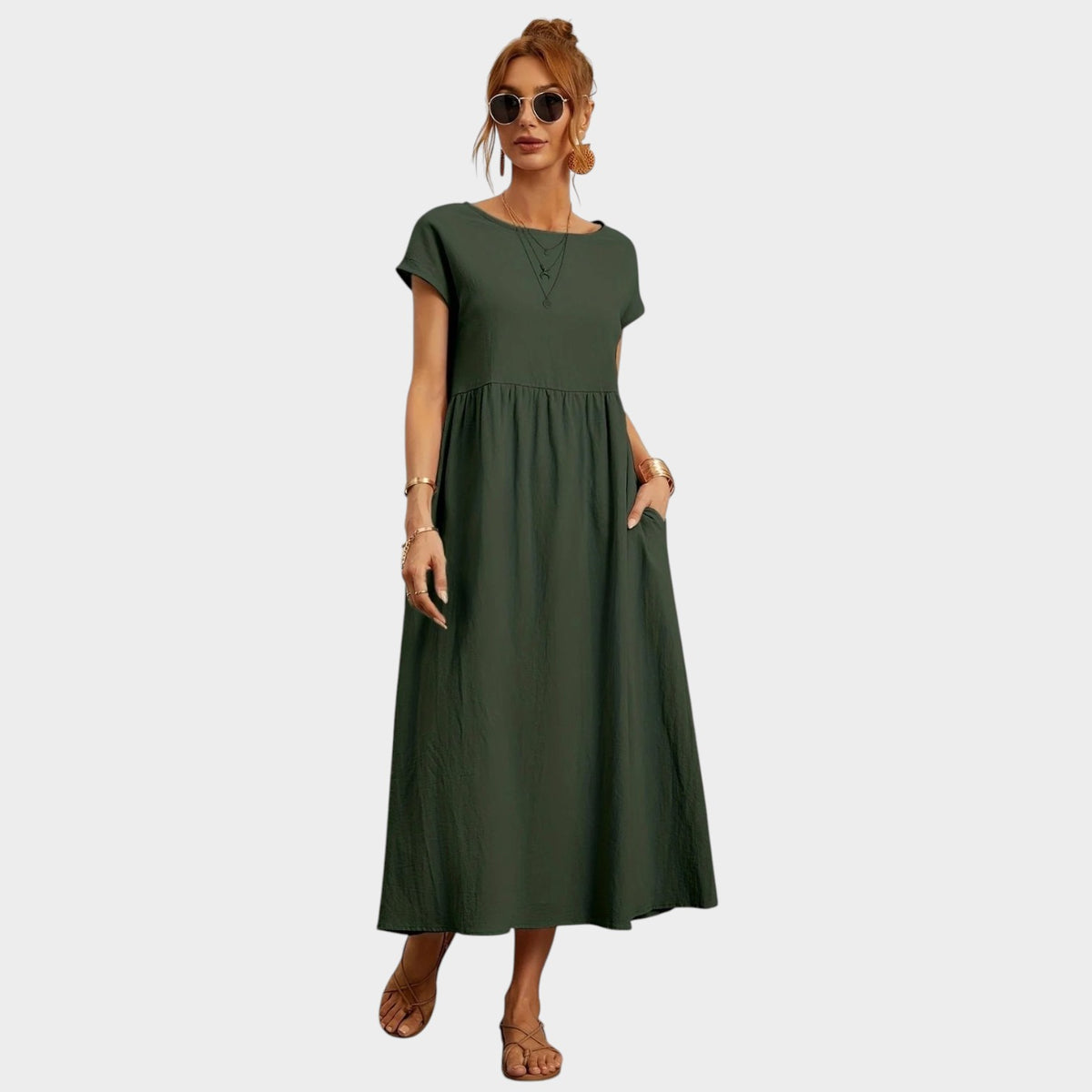 Women’s Round Neck Midi Dress with Short Sleeves and Side Pockets