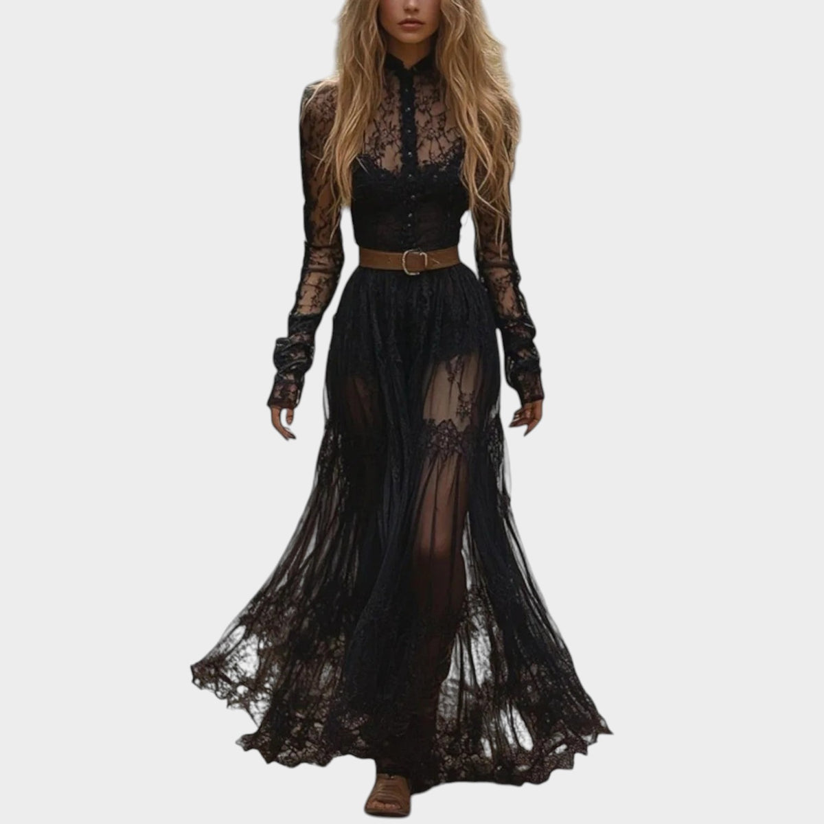 Women’s Lace Maxi Dress with High Neck and Sheer Long Sleeves