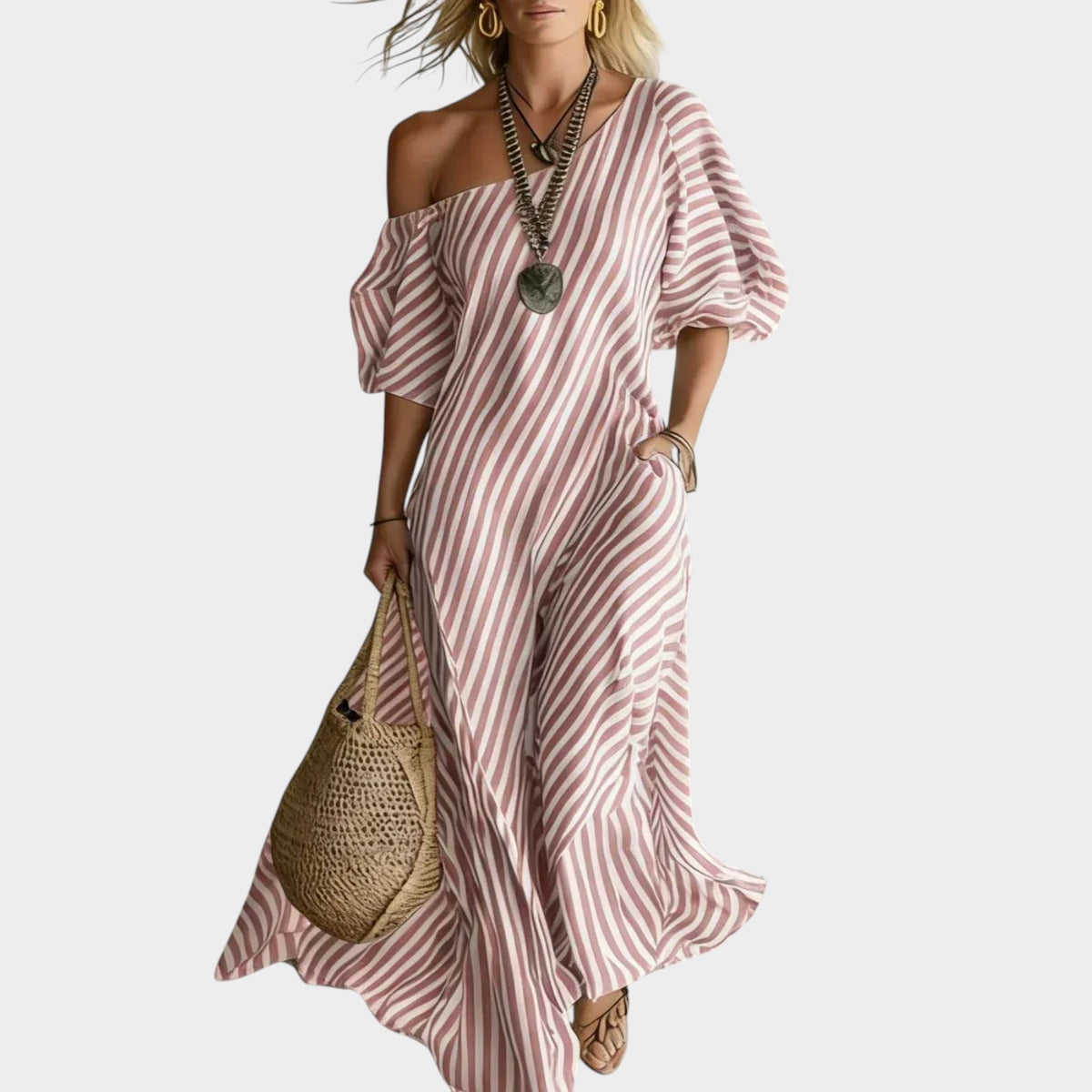 Women’s Striped Maxi Dress with One-Shoulder Neckline and Puff Sleeves