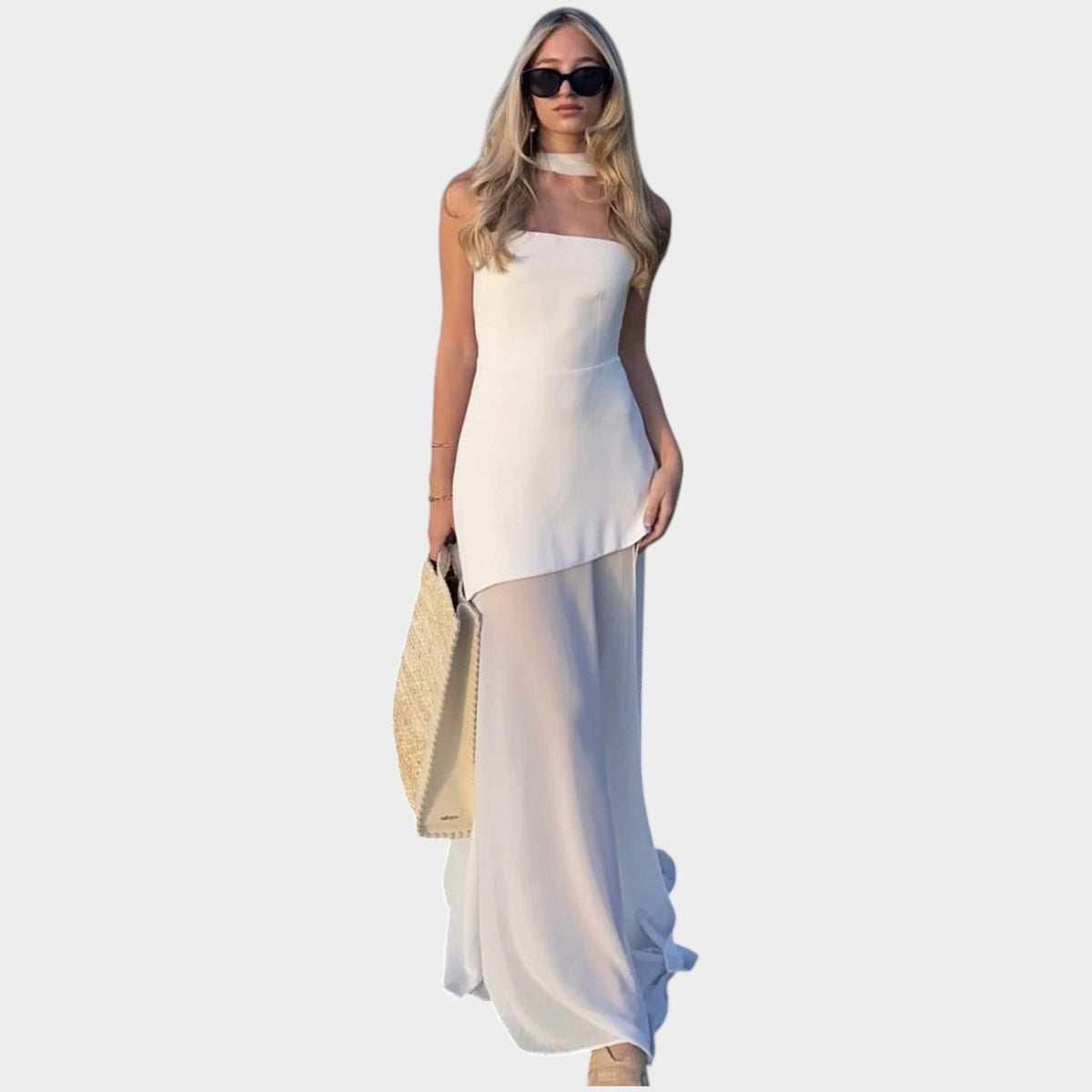 Women’s Strapless Mesh Maxi Dress with Asymmetric Hem