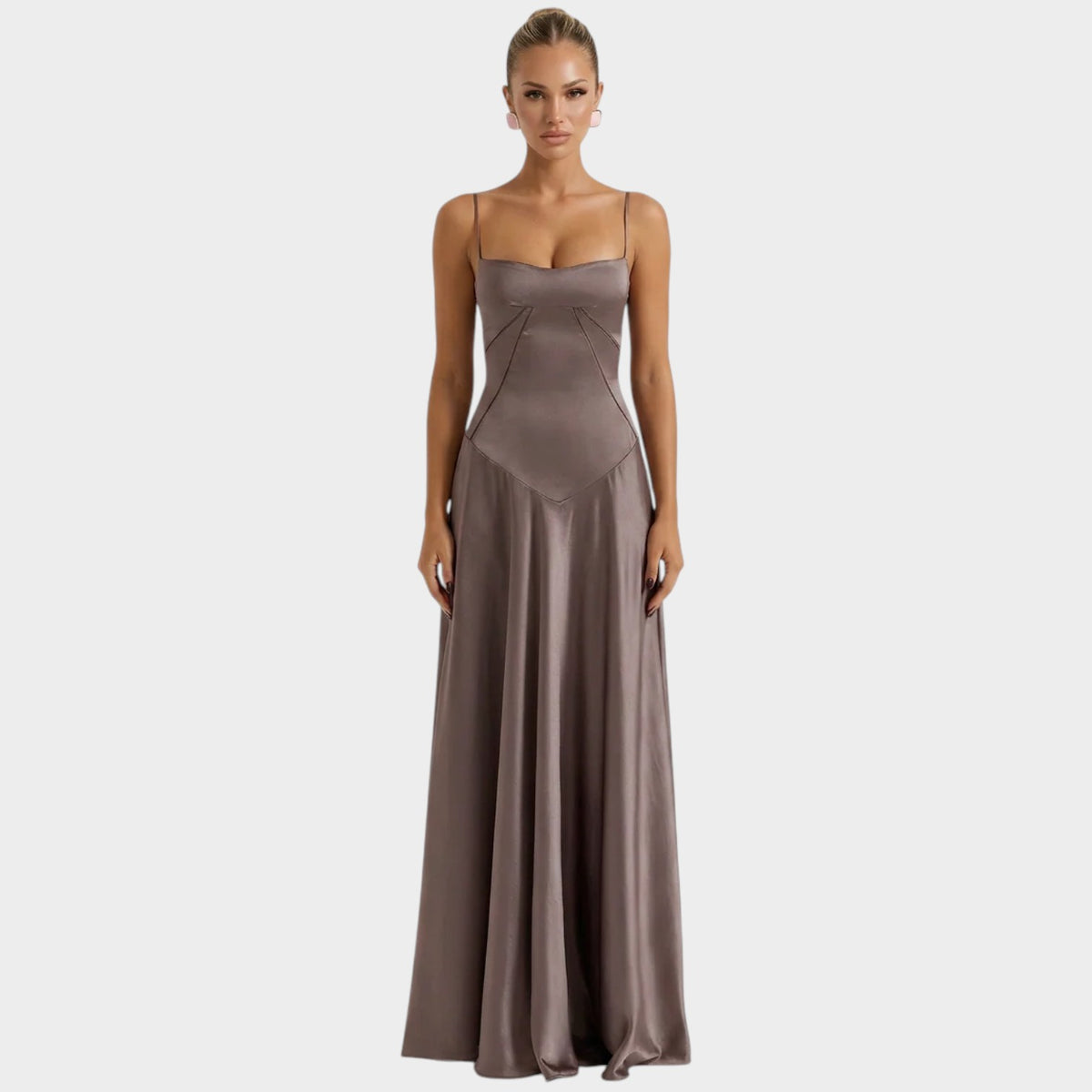 Women’s Satin Maxi Dress with Thin Straps Structured Bodice