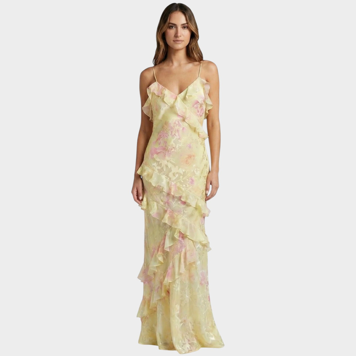Women’s Floral Maxi Dress Ruffle Layers V-Neck Thin Straps