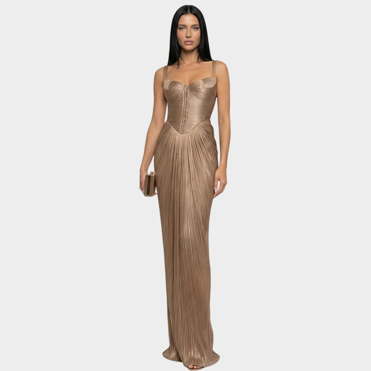 Women’s Pleated Corset Maxi Dress with Sweetheart Neckline and Slim Straps