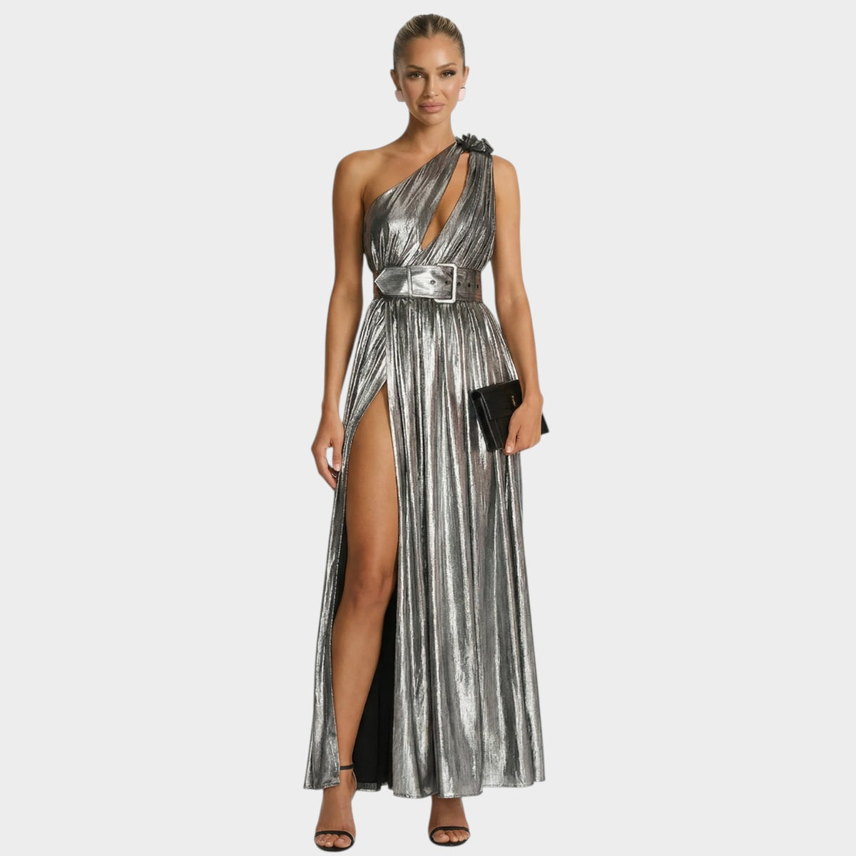 Women’s Metallic One-Shoulder Maxi Dress with High Slit and Waist Belt