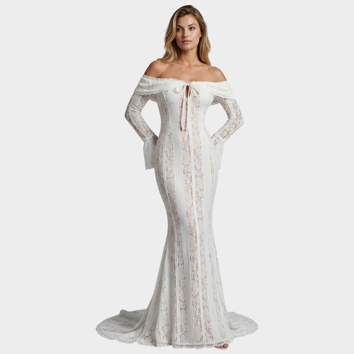 Women’s Off-Shoulder Lace Maxi Dress with Long Bell Sleeves and Front Tie
