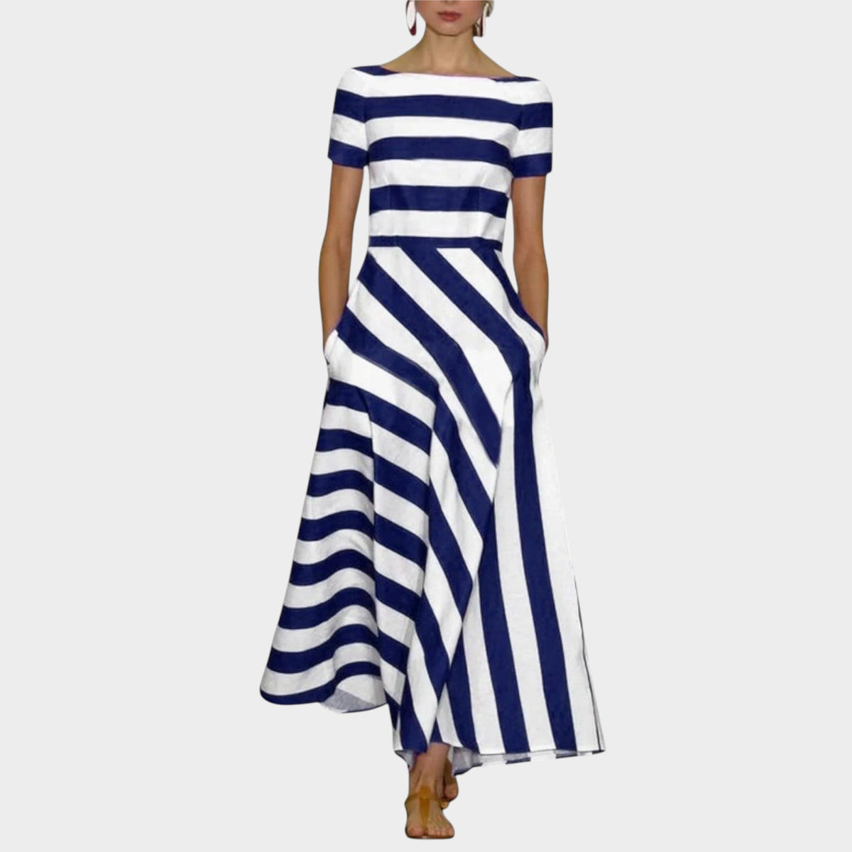 Women’s Striped Maxi Dress with Short Sleeves and Pockets