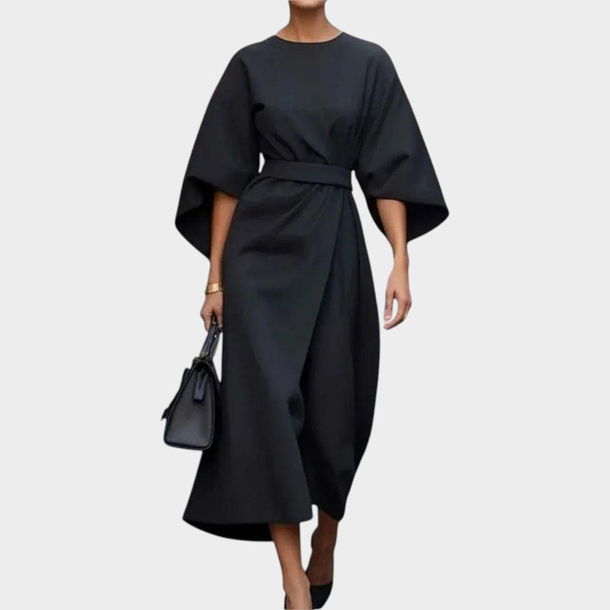 Women’s Satin Maxi Dress with Kimono Sleeves and Defined Waist