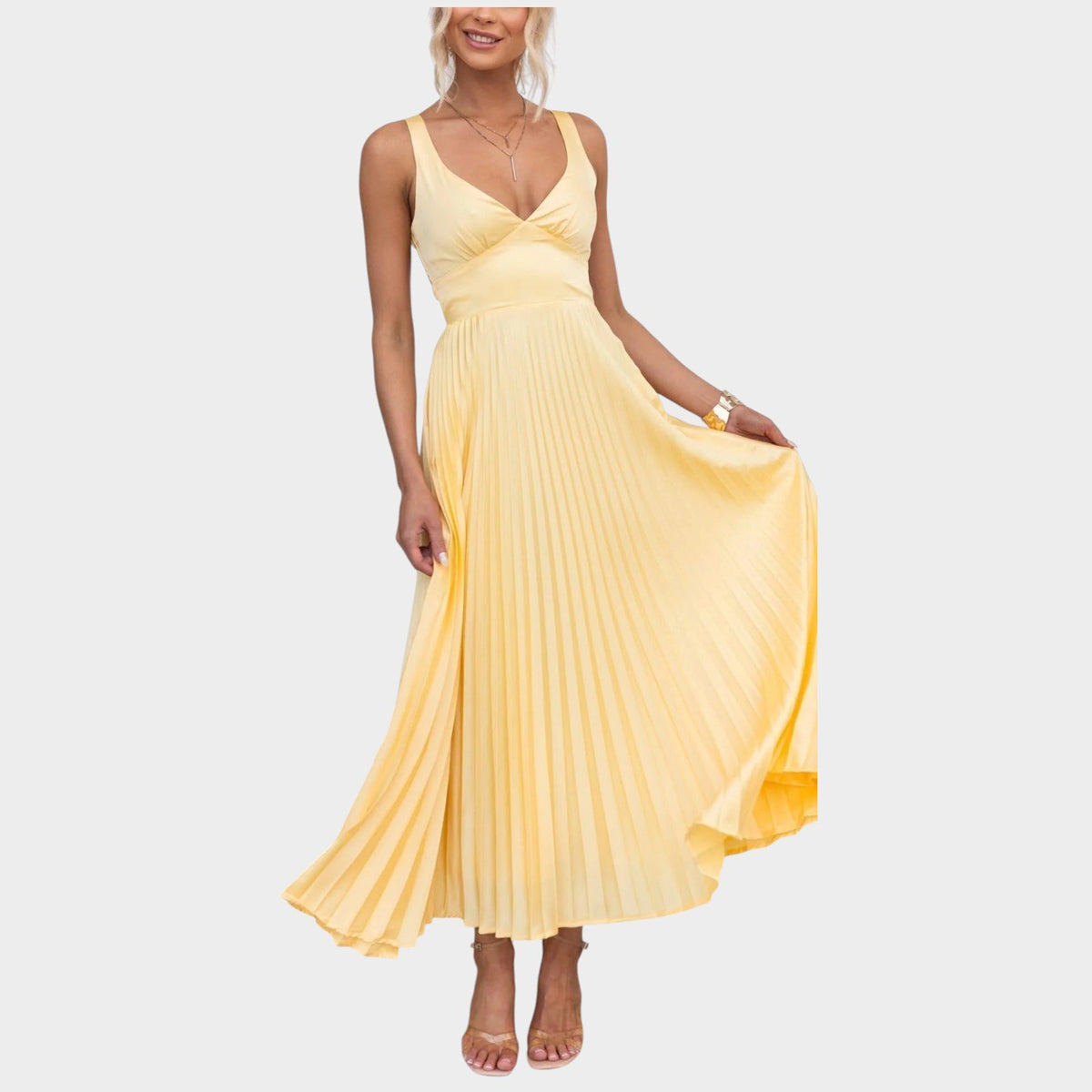 Women’s Pleated Maxi Dress with V-Neck and Cross-Back Straps
