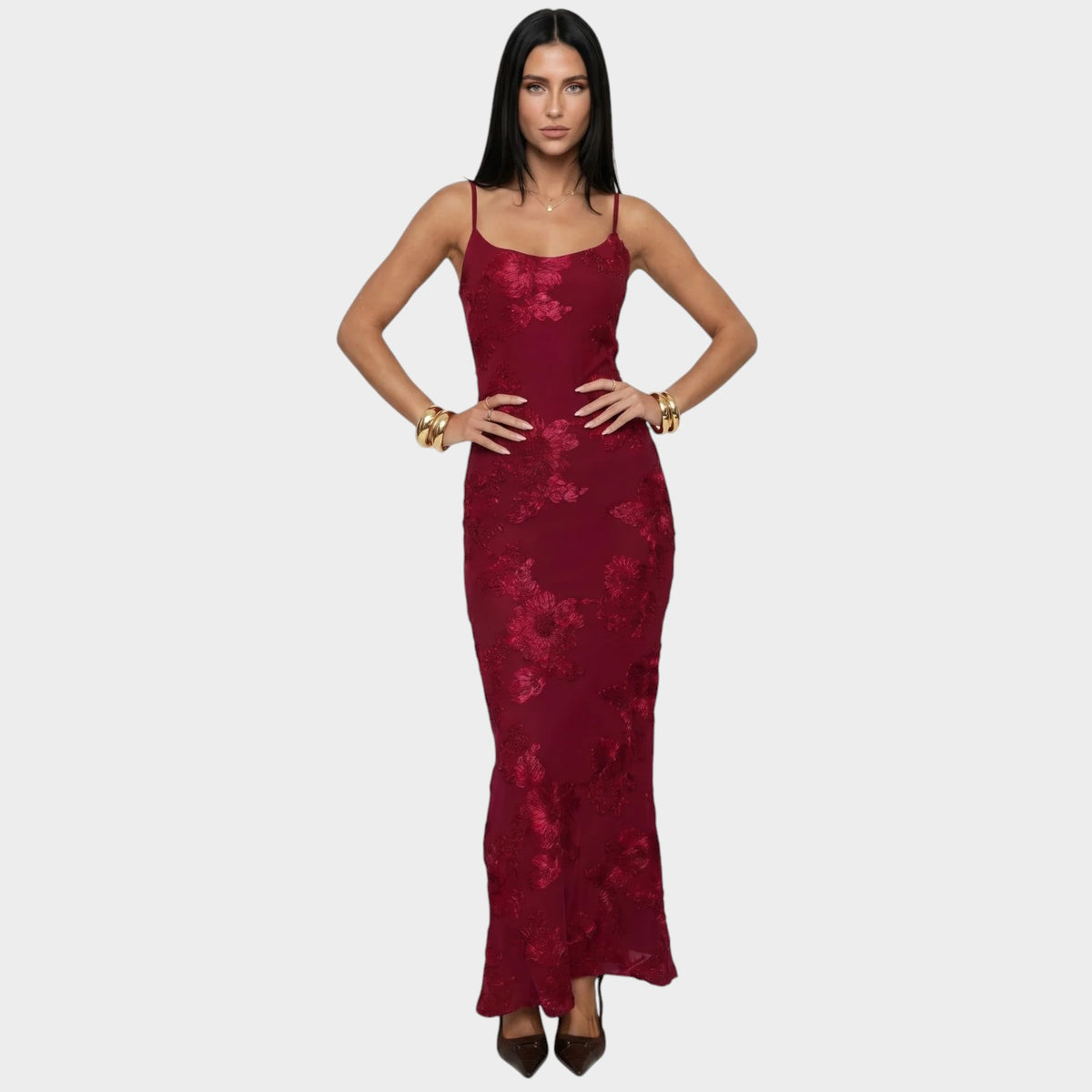 Women’s Floral Lace Maxi Dress with Spaghetti Straps and Fitted Silhouette