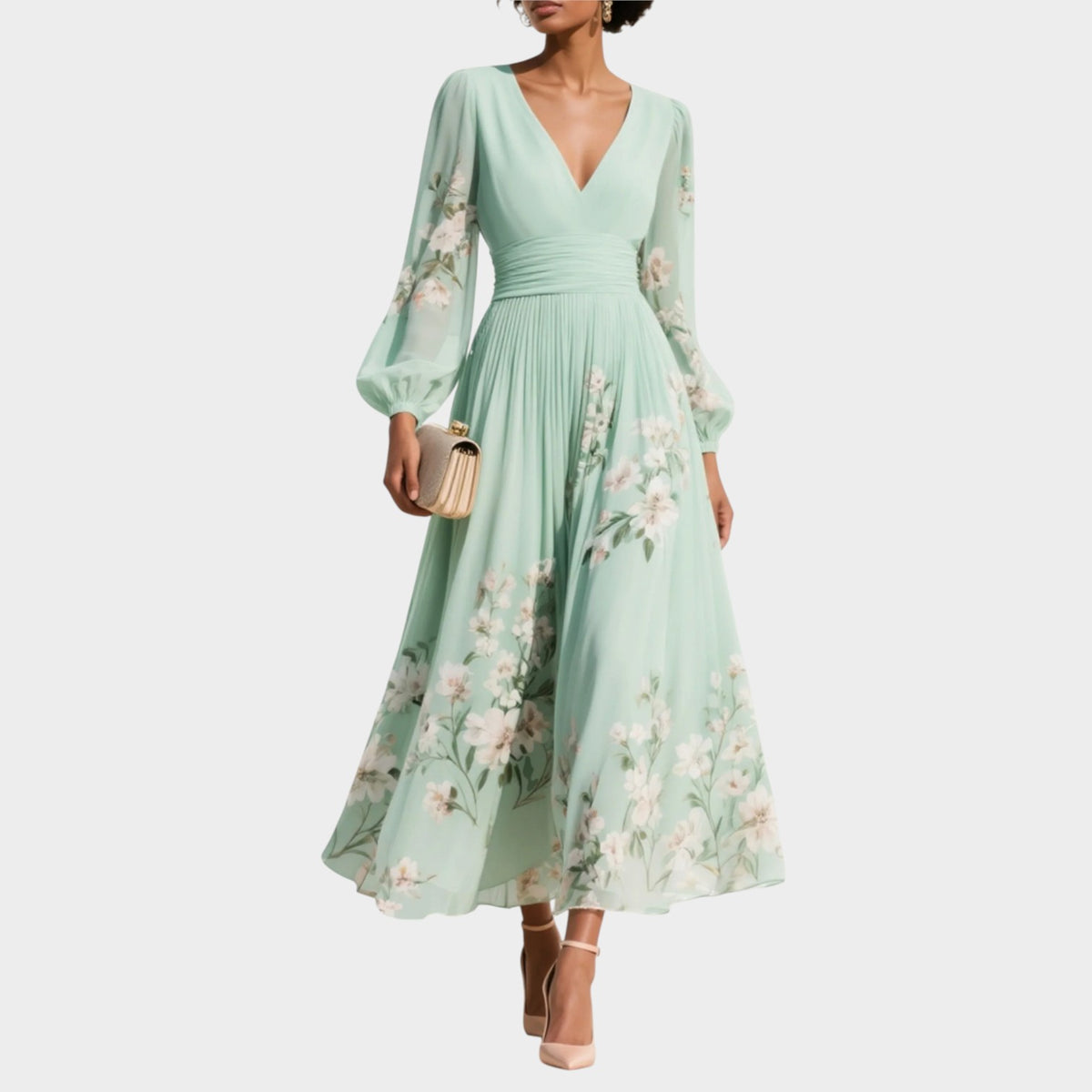 Women’s Floral Midi Dress with V-Neck and Long Sleeves