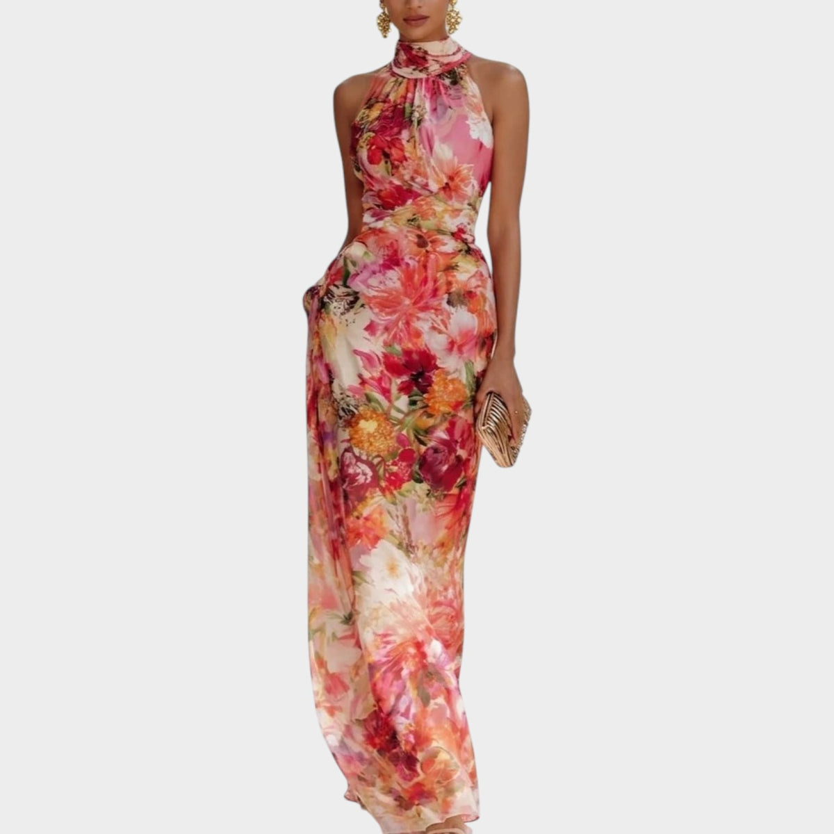 Women’s Floral Maxi Dress with Halter Neckline and Sleeveless Design