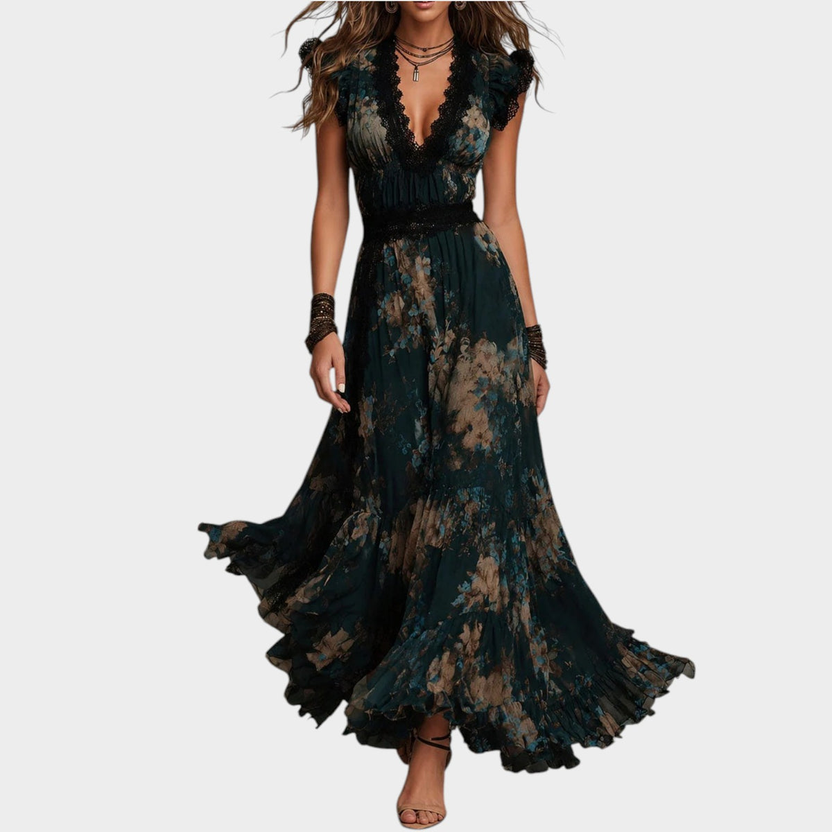 Women’s Floral Maxi Dress with Lace Trim, V-Neck and Tiered Skirt