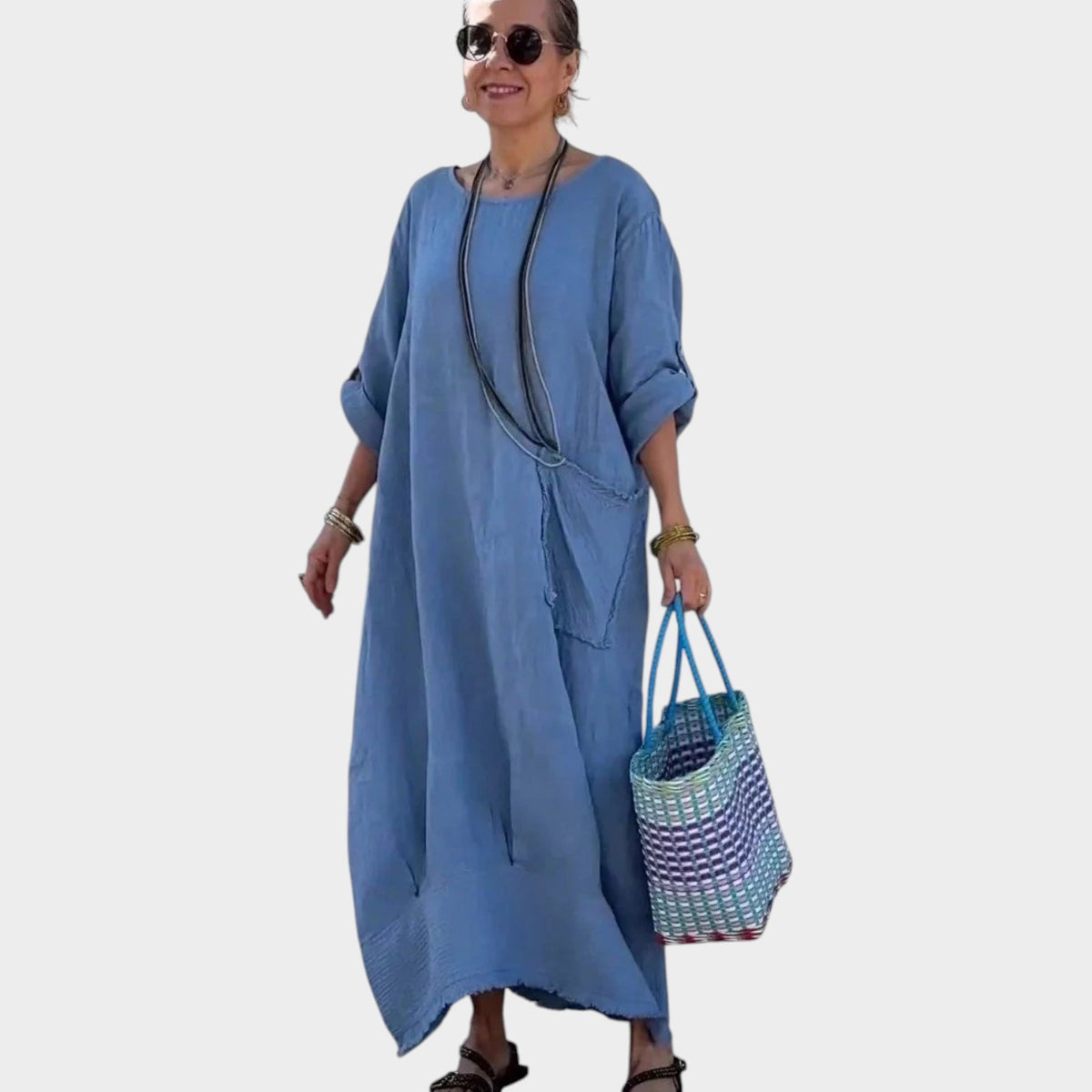 Women’s Oversized Maxi Dress with Rolled Sleeves and Side Patch Pocket