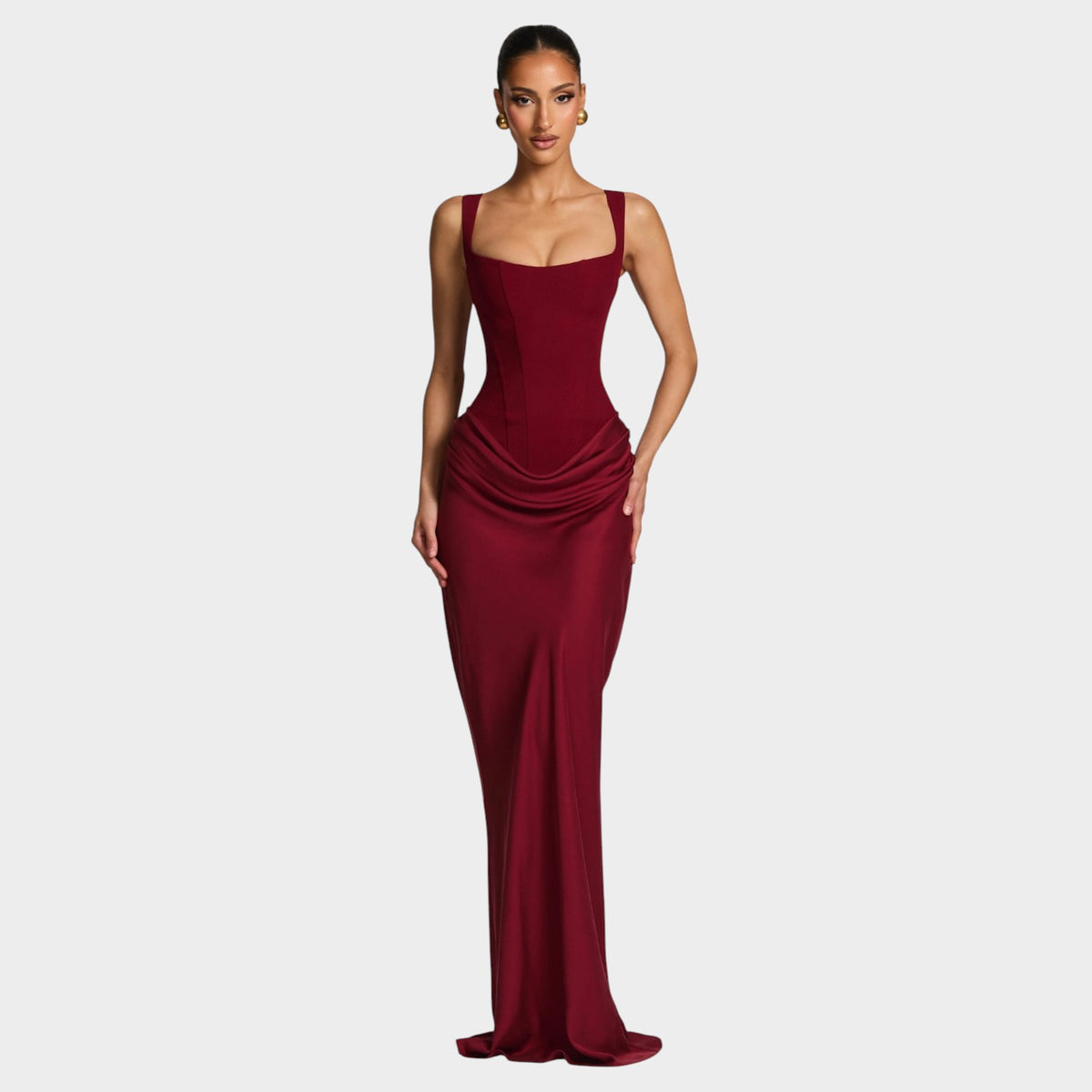 Women’s Sleeveless Maxi Evening Dress with Square Neckline and Draped Skirt
