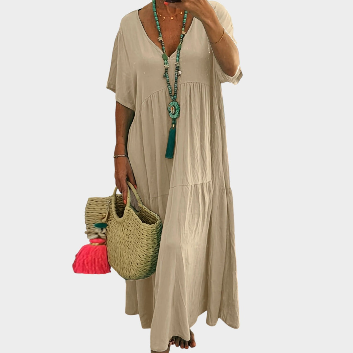 Women's Plus Size Maxi Dress with Short Sleeves and Layered Ruffle Hem