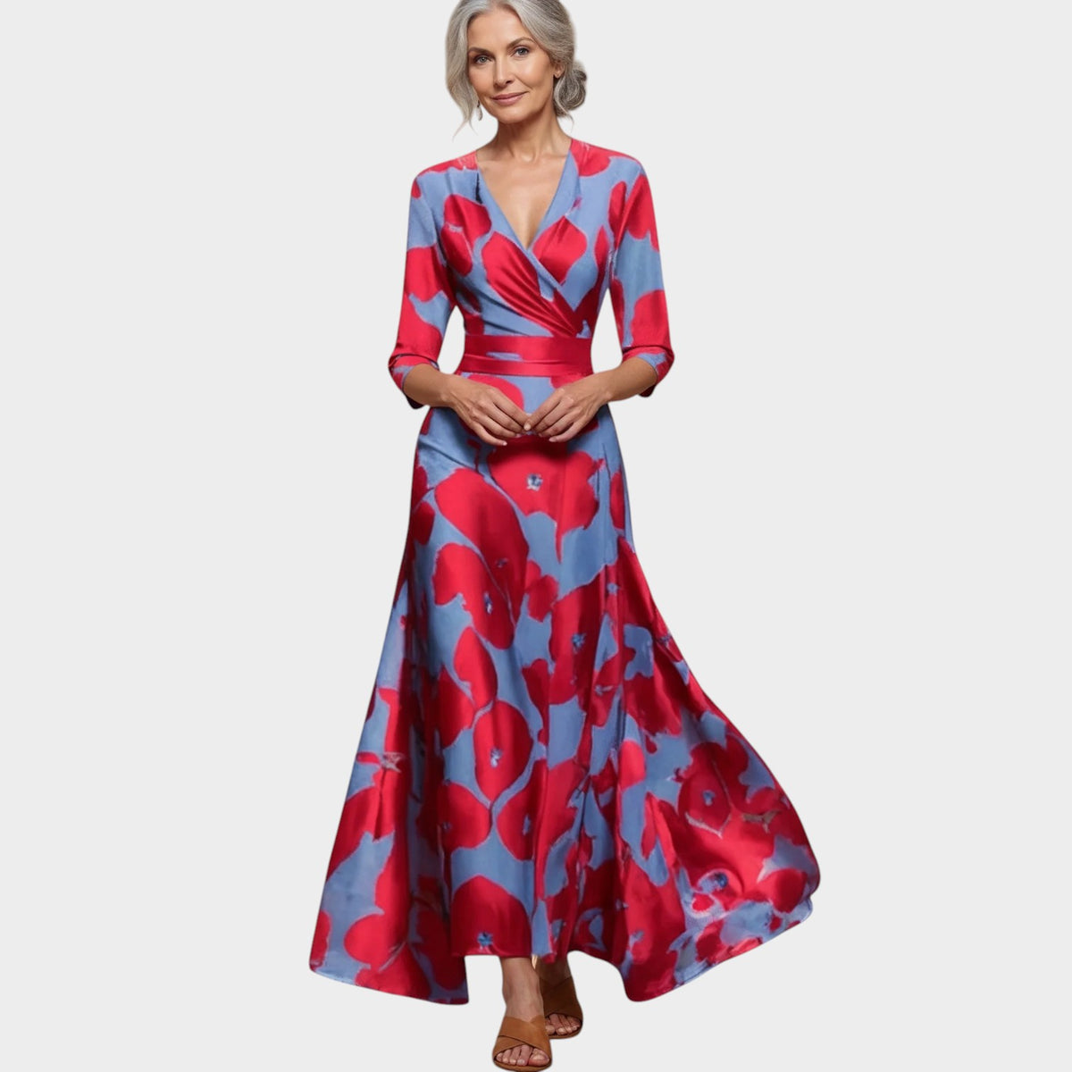 Women’s Floral Wrap Maxi Dress with V-Neck and Three-Quarter Sleeves