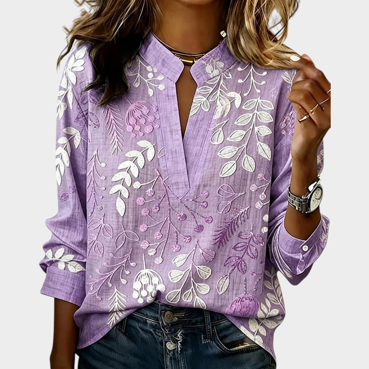 Womenās Floral Blouse with V-Neck and Long Sleeves