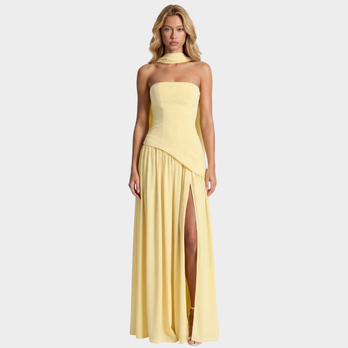 Women’s Strapless Maxi Dress with Draped Scarf Detail and High Slit