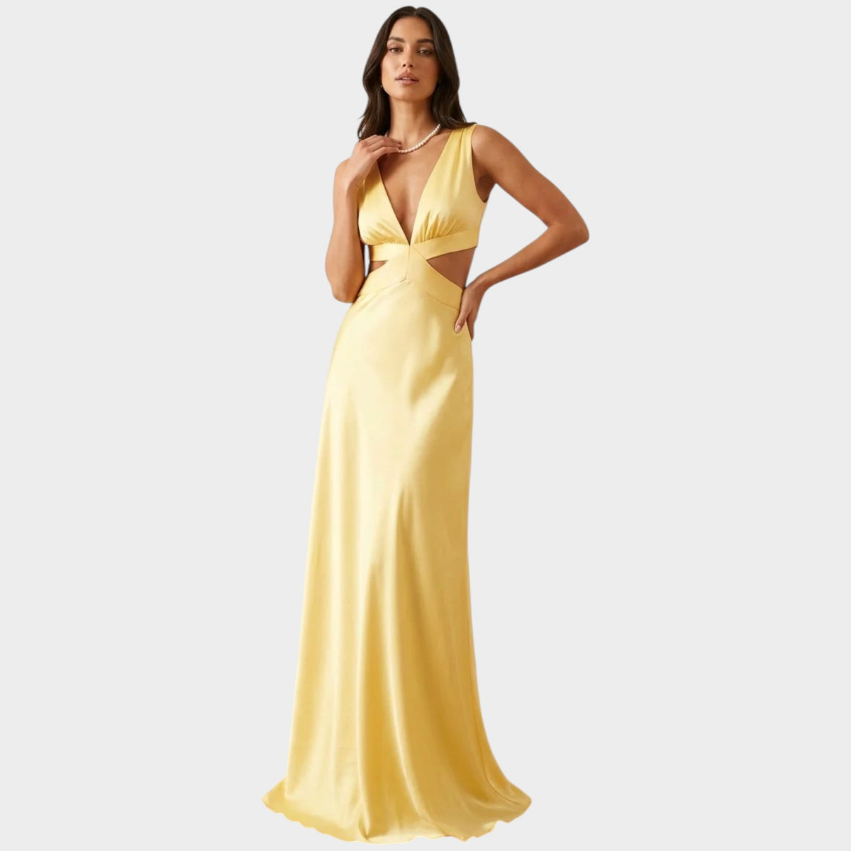 Women’s V-Neck Maxi Dress with Waist Cut-Outs and Flowing Skirt