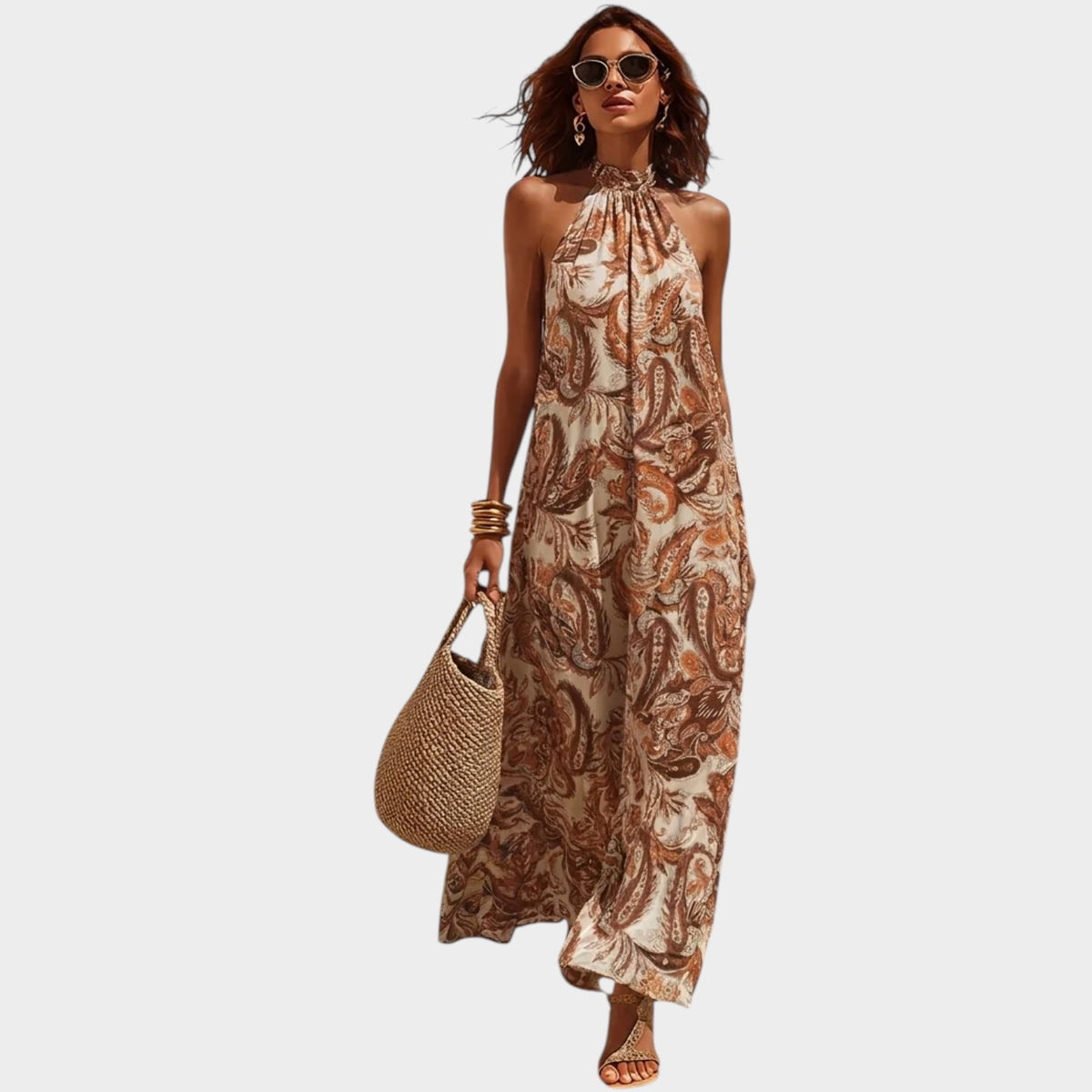 Women’s Sleeveless Paisley Print Maxi Dress with Halter Neckline