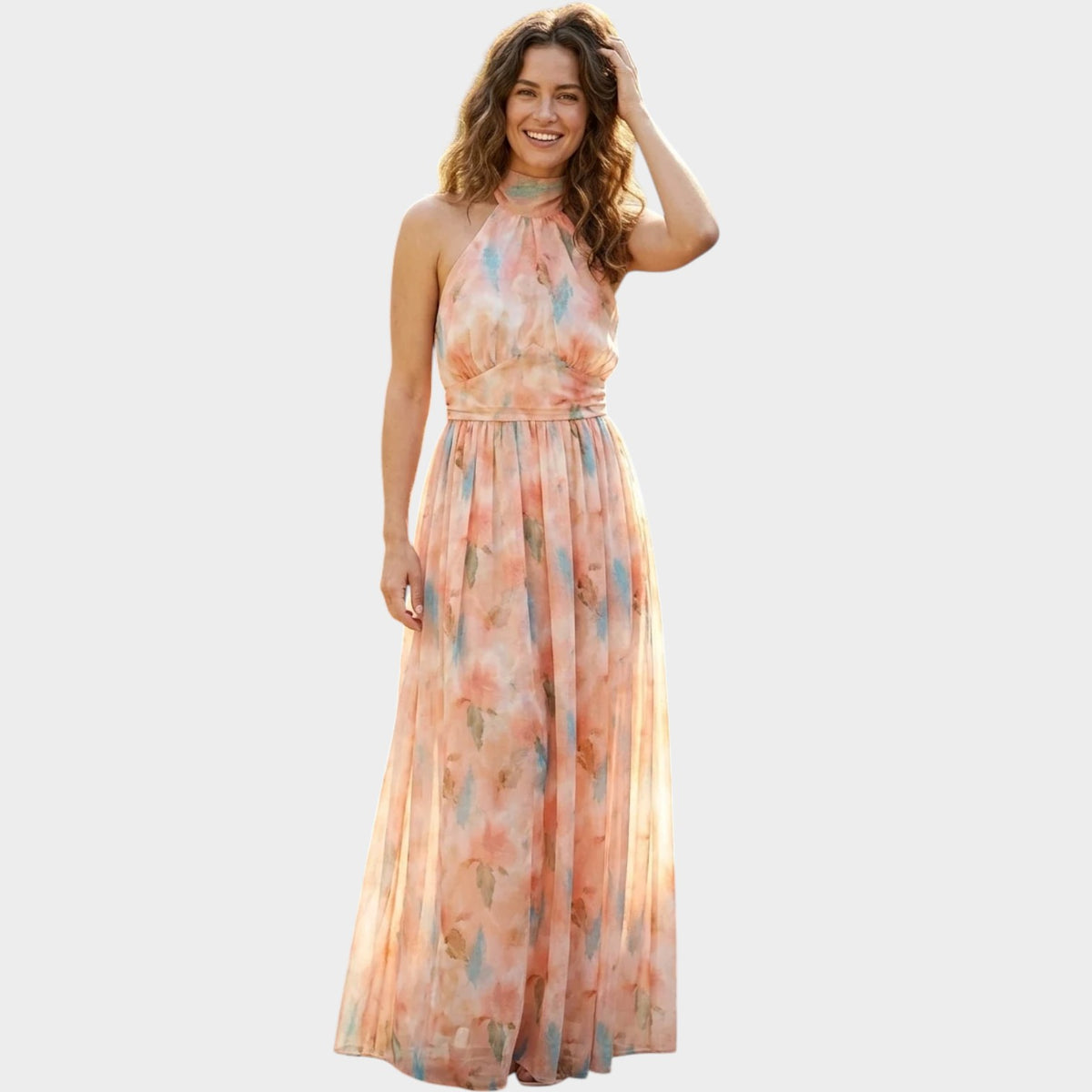 Women’s Halter Neck Maxi Dress Watercolour Print Open Back